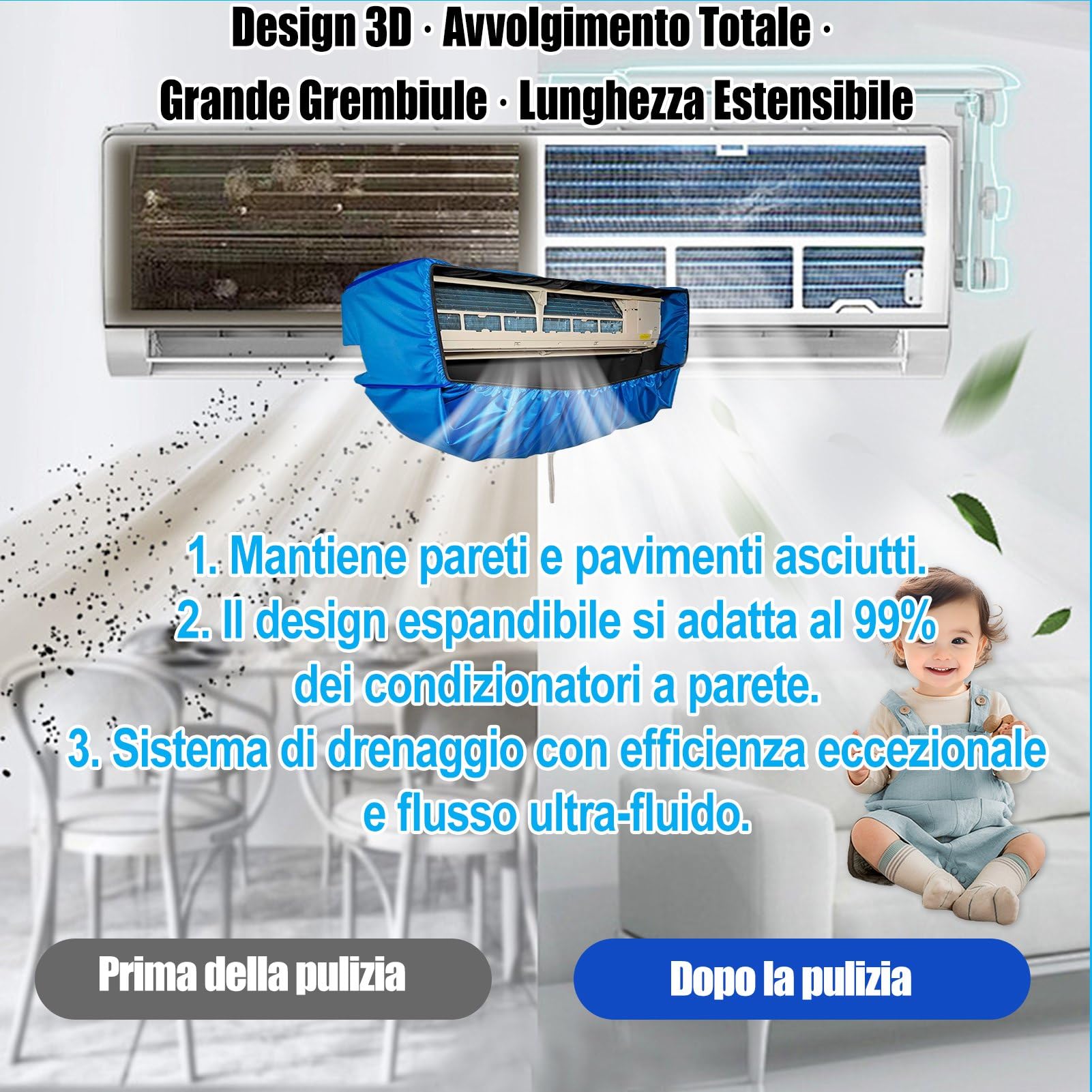 Sacco Kit Per Pulizia Split Condizionatore(Pannelli Laterali Migliorati),Sacco Pulizia Climatizzatore Spazio Extra (blu scuro, piccolo, 18 pezzi)