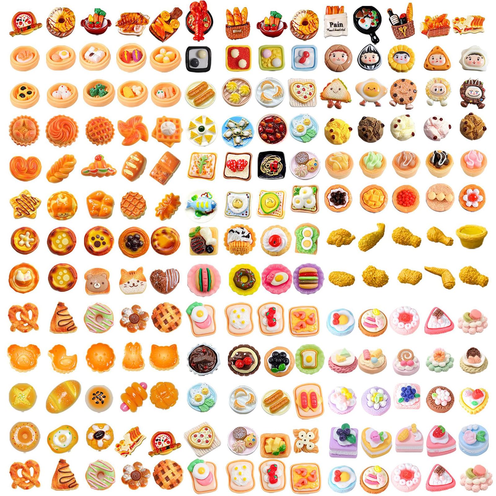 100 PCS Miniature Play Food Drink, Dollhouse Cake, Resin Mini Food Set
