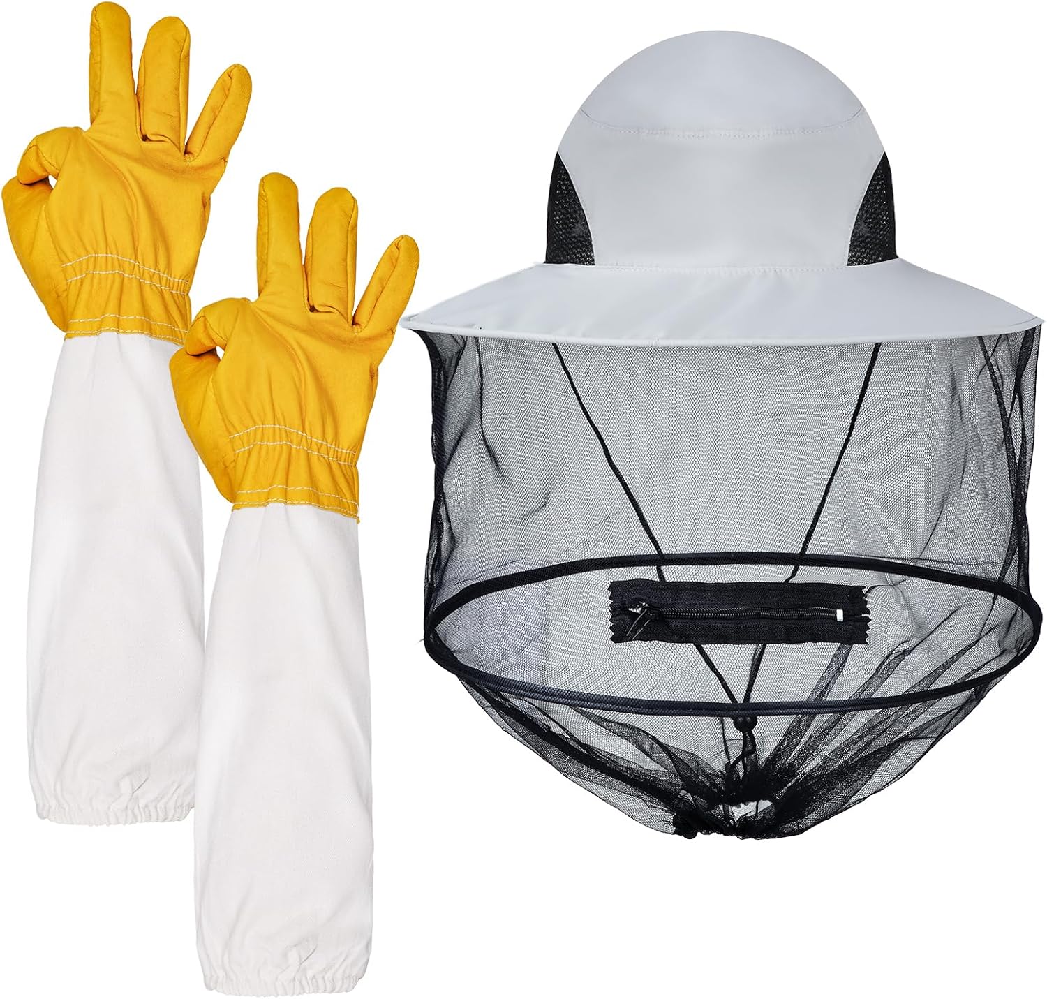 Sucrain Beekeeping Gloves Hats Set Thick Leather Bee Gloves with Ventilated Sleeves & Bee Keeper Fencing Veil Mosquito Hats Bee Outfit for Backyard and Beekeeping