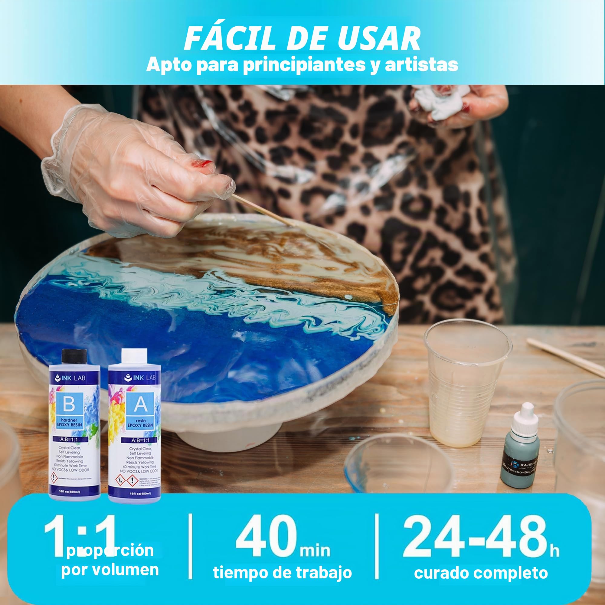 INK LAB Resina Epoxi Cristalina 960ml Ultra Transparente Resina Epoxi con Endurecedor para Fundición y Revestimiento No-Tóxico Kit de Resina Epoxi Relación de 1:1 para Bricolaje Artesanía Madera...