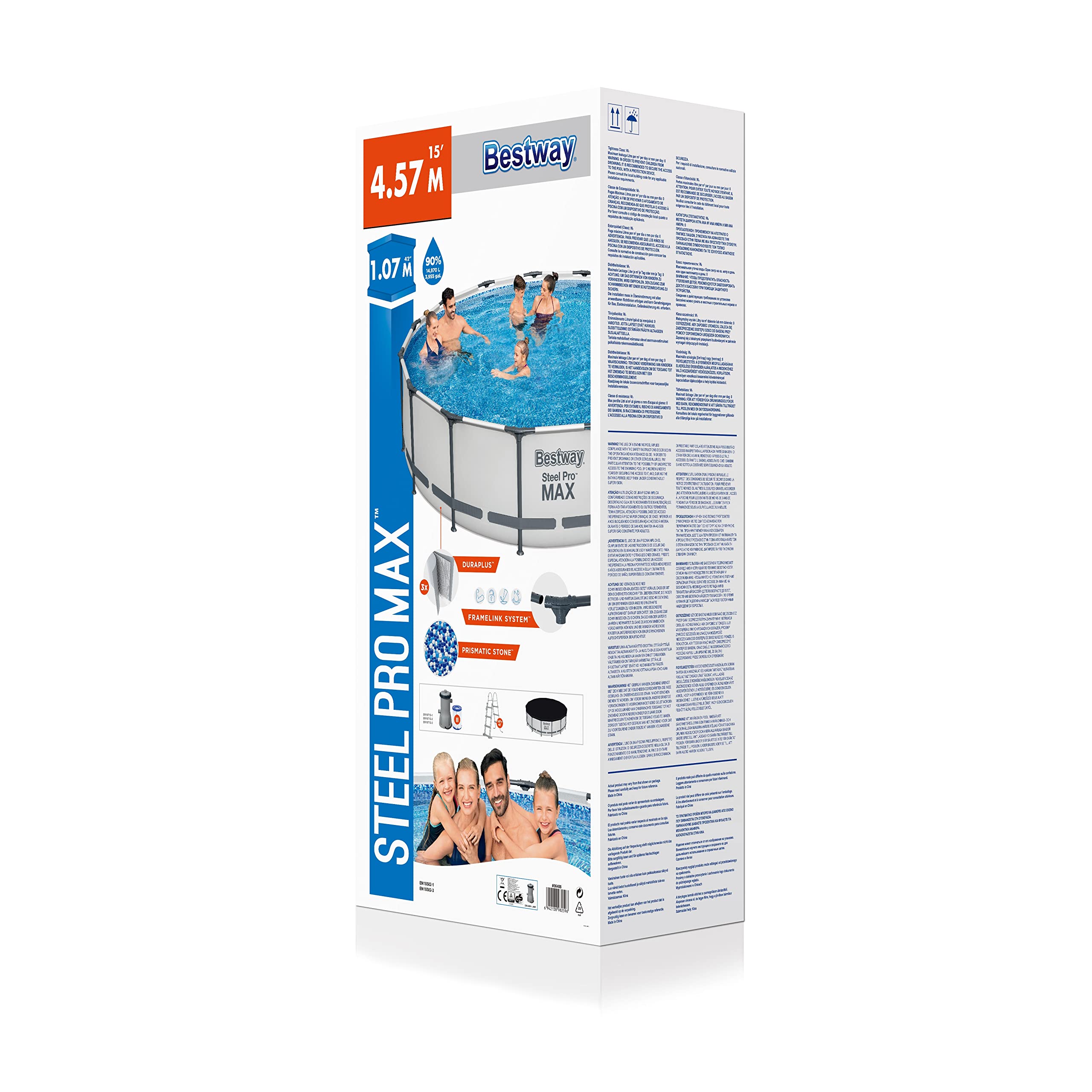 Bestway Steel PRO Max Frame Pool Set Completo con Pompa Filtro Ø 457 x 107 cm, Grigio Chiaro, Rotondo