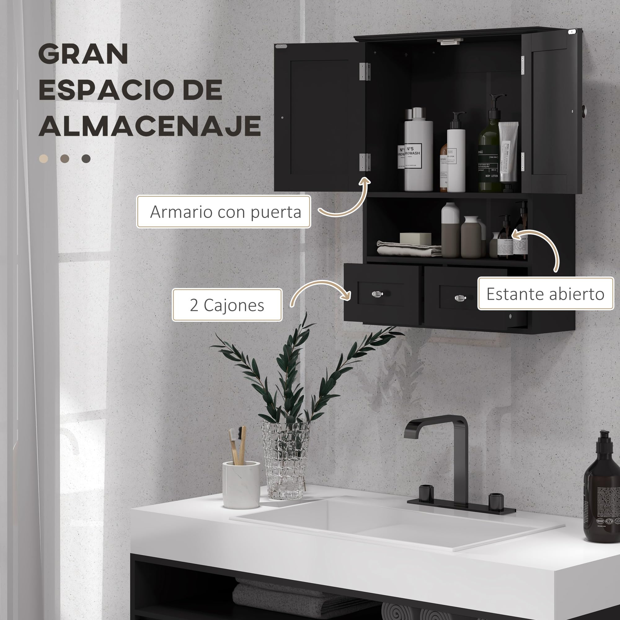 kleankin Armario de Baño de Pared, Armario Colgante, Mueble Suspendido de Baño, 2 Puertas con Cierre Magnético, 2 Cajones y Estante Abierto, para Cocina, Lavadero, 50,8x17,8x66 cm, Negro