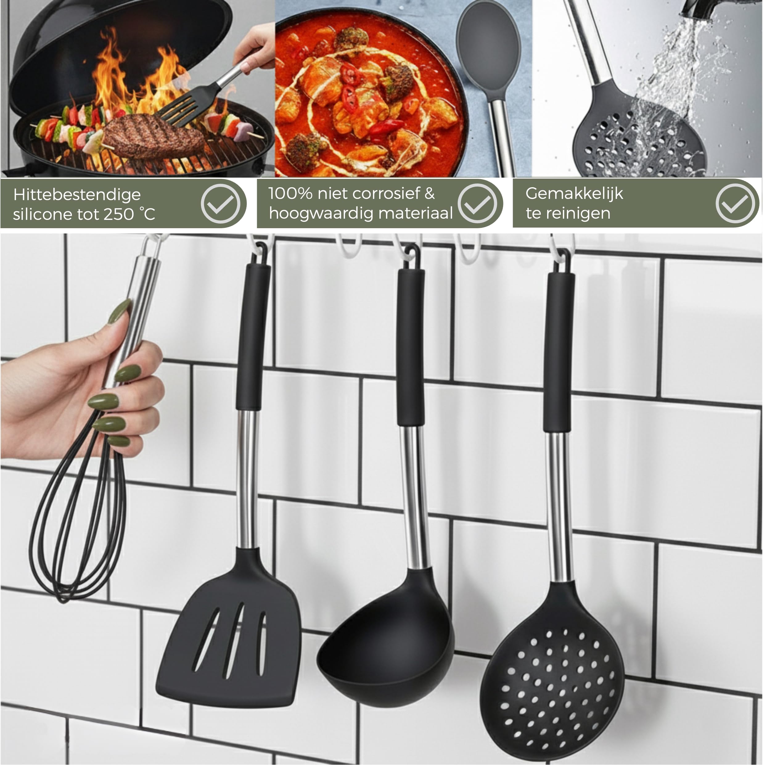 Set di 26 utensili da cucina XL con supporto – nero | Strumenti in silicone resistenti al calore e supporto in acciaio inox senza BPA, lavabili in lavastoviglie, sicuri antiaderenti, di alta