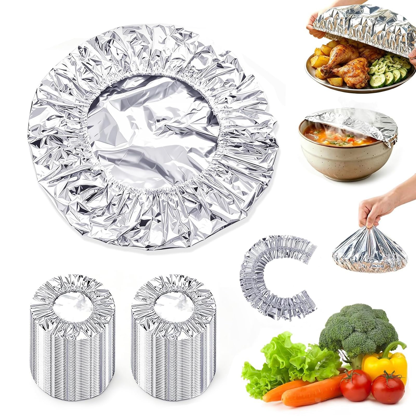 100PCS Stretchy Foil Food Covers, Aluminum Foil Covers Universal Thermal Plate Covers Fresh Keeping for Picnics, Kitchen