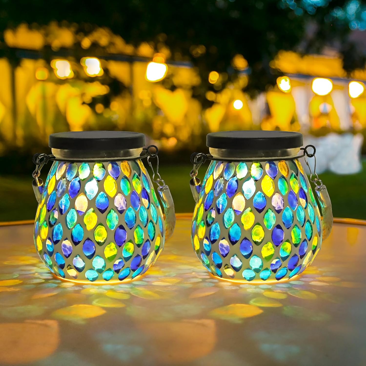 Mosaic Solar Lantern Outdoor Hanging:Glass Hanging Solar Lights Hollow Out Waterproof,Warm White & RGB 2 Lighting Modes Mosaic Solar Light 2 Pack for Garden, Patio, Yard, Porch, Outside(Green)