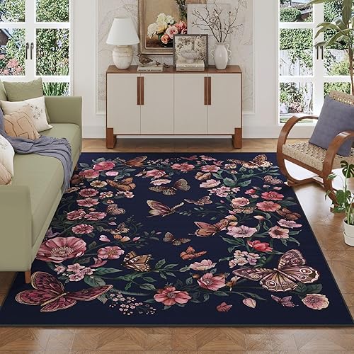 Rugcomf Alfombra para sala de estar, 5 x 7 pies, lavable a máquina, bohemio, antideslizante, con diseño floral, mariposa, vintage, de pelo corto,