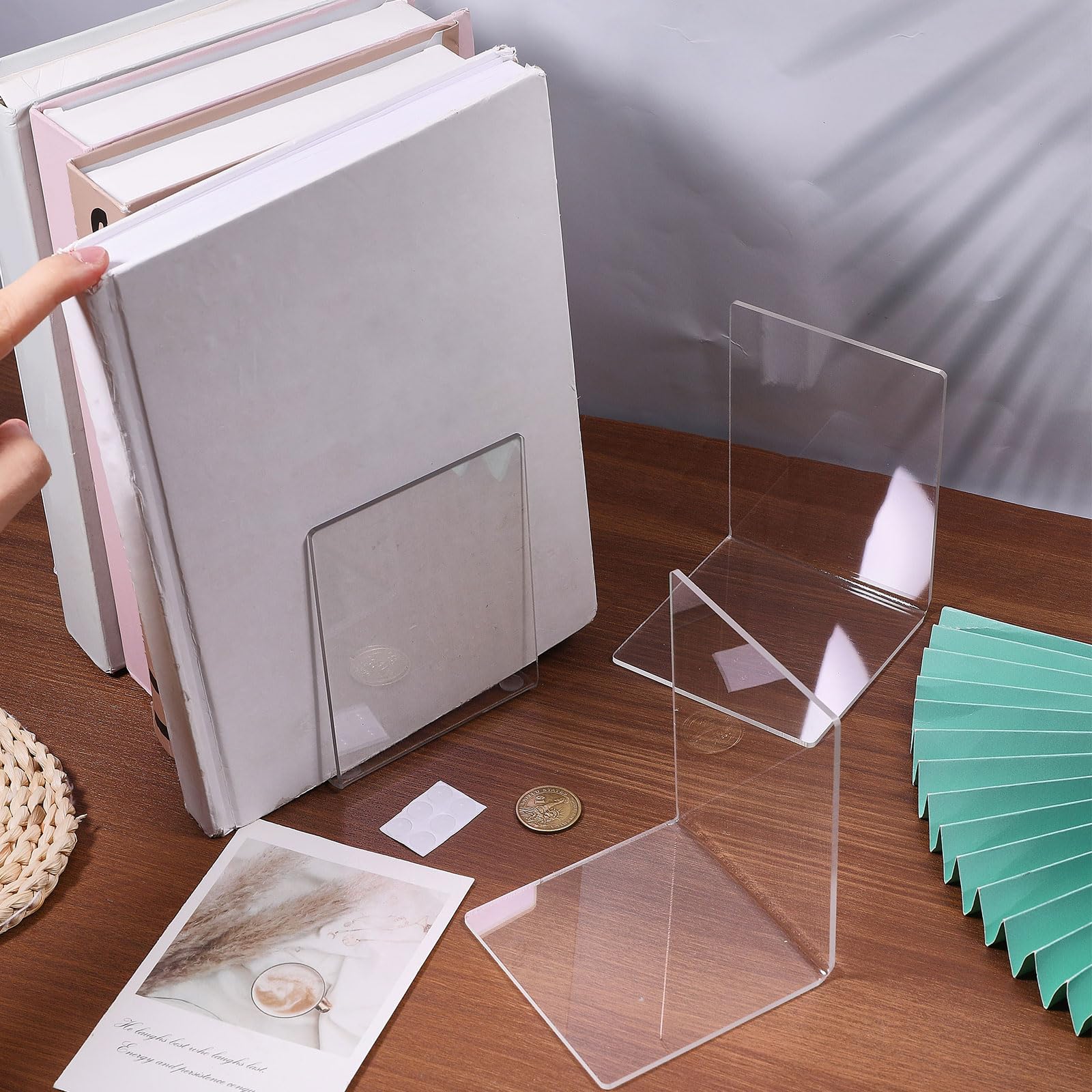 GLOBLELAND 10 Pieces Acrylic Book Ends for Shelves Clear Bookends Transparent Shlef Book Stopper with Silicone Non-Slip Mats Clear Books Holders for Library Office Movies CDs Video Games - Image 3