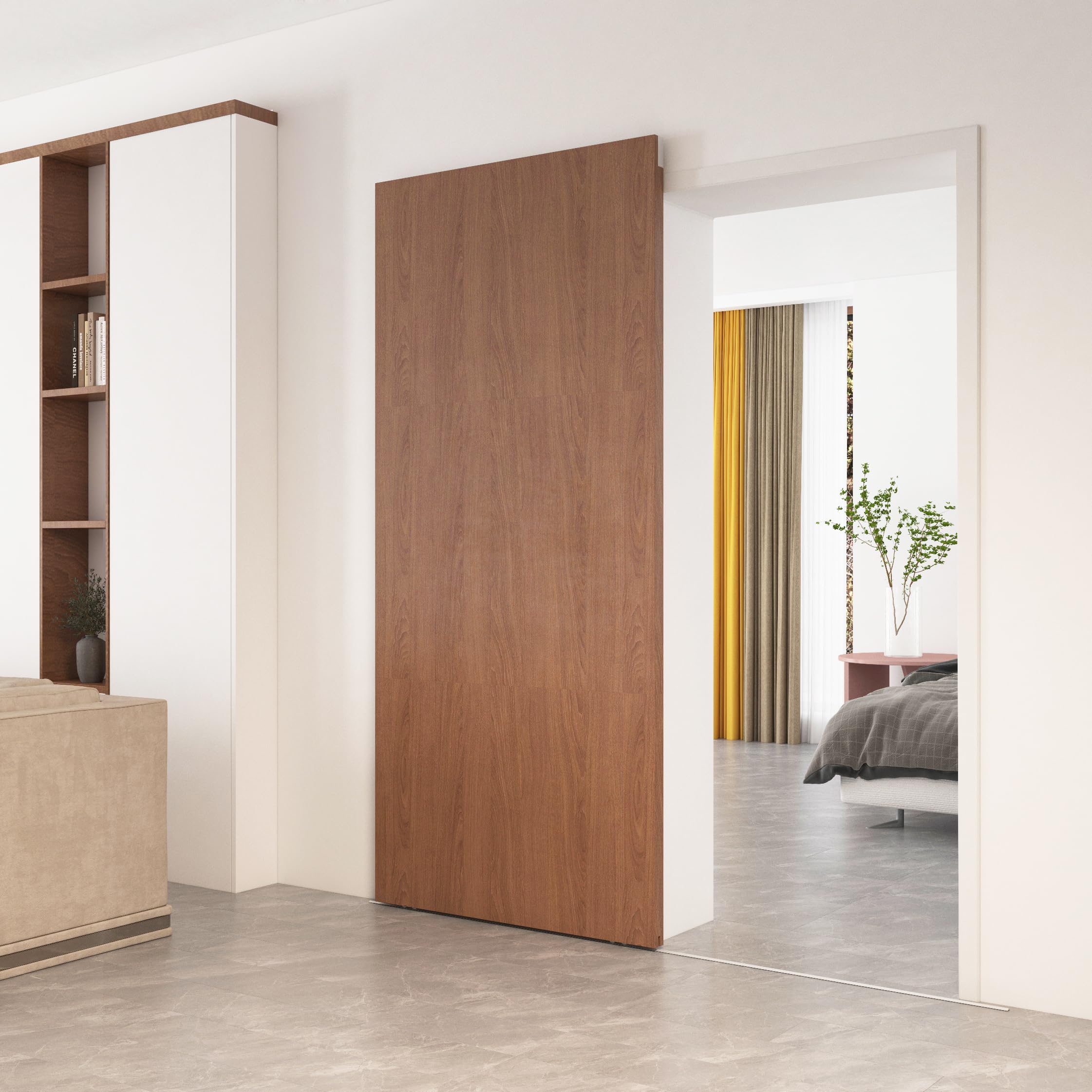 DIYHD 38" Concealed Sliding Door Hardware Kit with Soft Close & Floor Rail, Light Weight Hidden Track Wall Mount System for Openning Width Up to 30", No Door Included