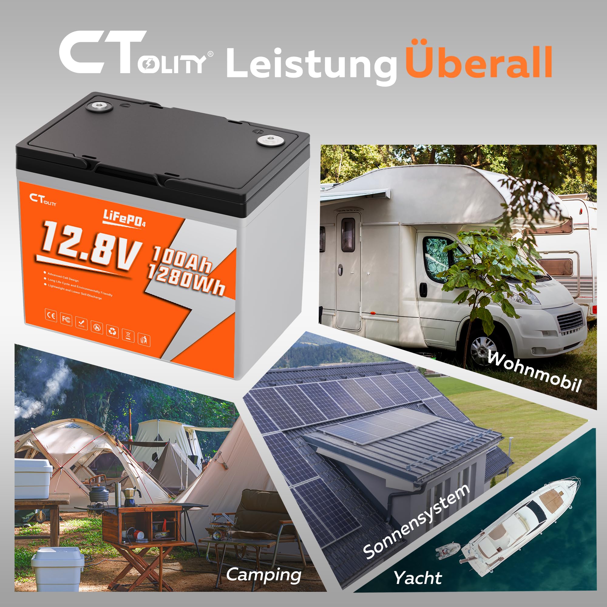 LiFePO4 akumulator litowy 12V, 100 Ah, 1280 Wh, do 4000 cykli Deep Cycle, akumulator litowy 100 A BMS, klasa A LiFePO4 ogniwa do kamperów, przyczep kempingowych, magazynowania energii, Van, Off-Grid