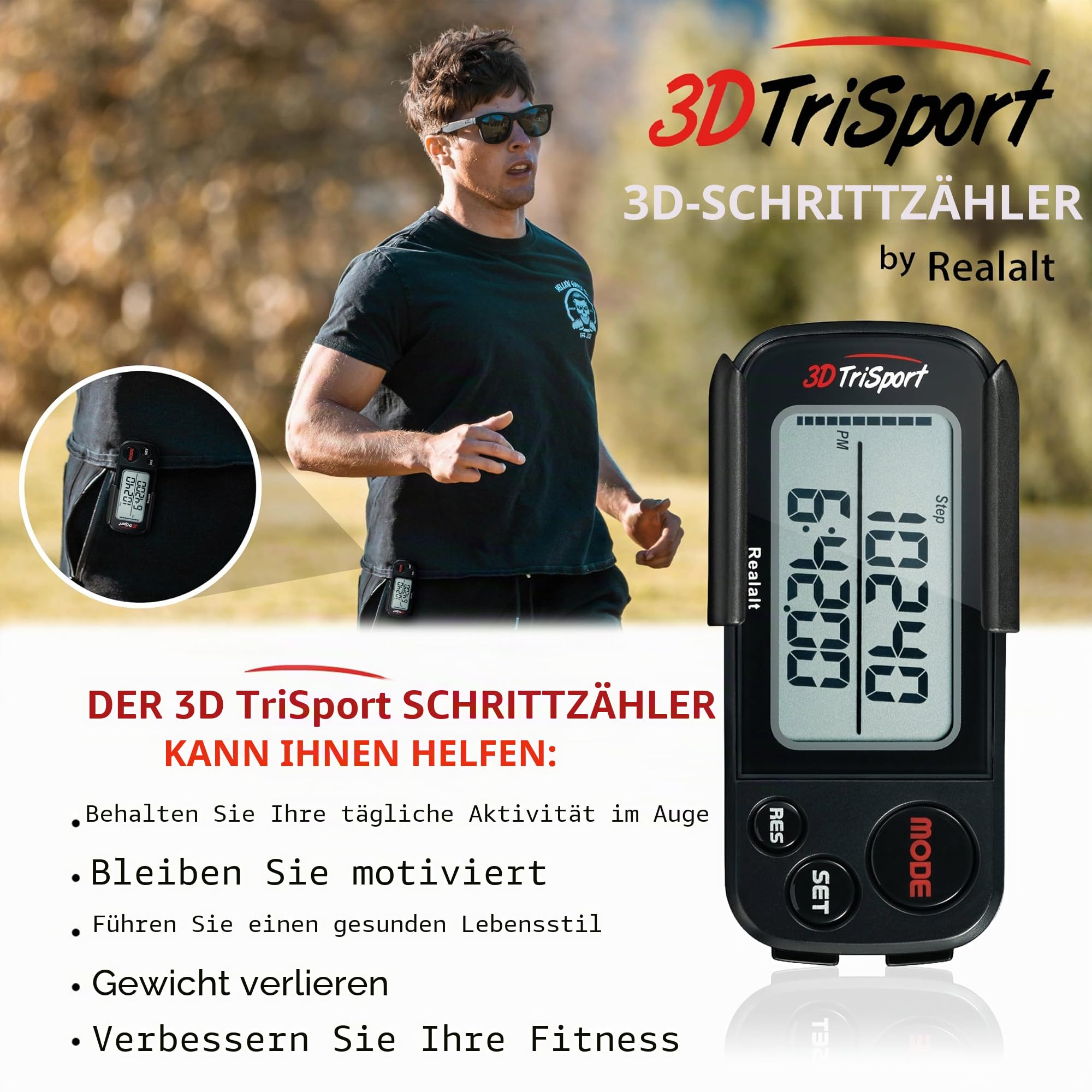 Realalt 3DTriSport 3D-Schrittzähler mit Clip & Gurt, inklusive eBook | 30-Tage-Speicher, präziser Schrittzähler, Gehstrecke in Meilen/km, Kalorienzähler, tägliche Trainingszeitüberwachung