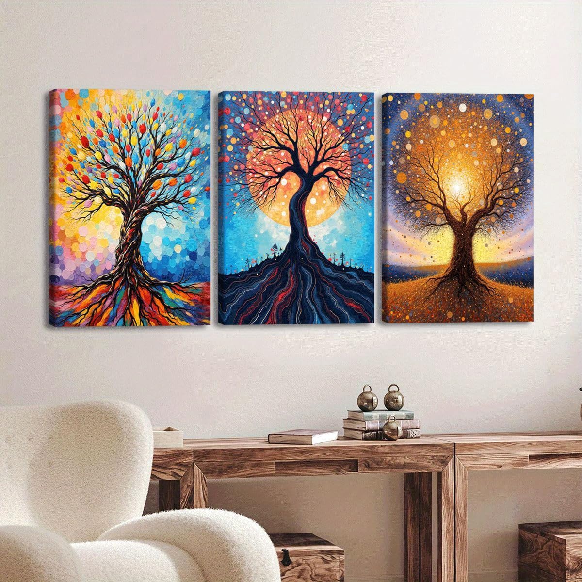 Kolorowy wzór drzewa 3-częściowy obraz dekoracyjny na ścianę - Fantazyjna dekoracja, nowoczesny wystrój domu (40 x 60 cm x 3/bez ramki)