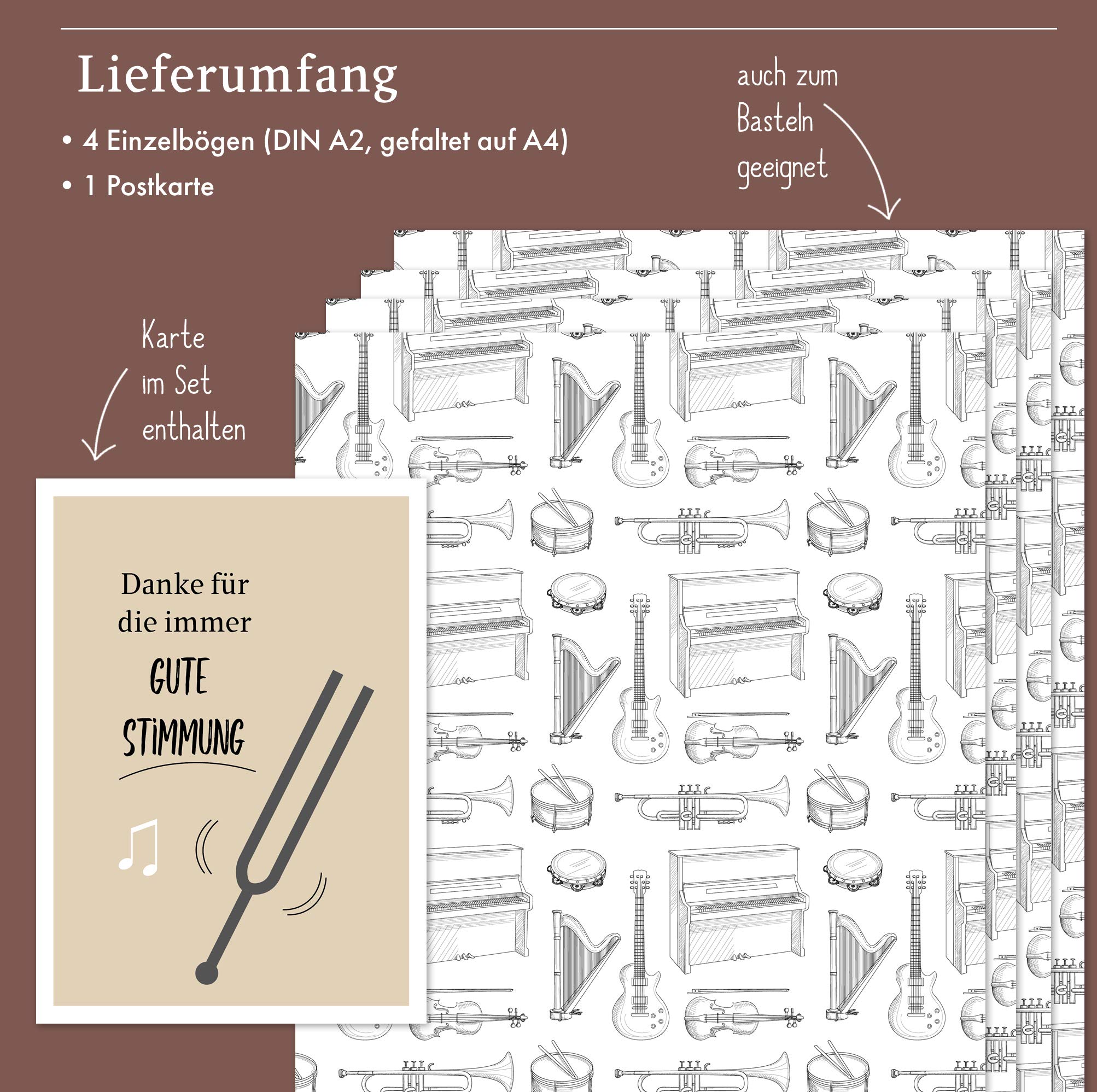 Carta Regalo Musicale Vintage 6 Fogli 50x75cm - Kraft Marrone Con Stampe Di Spartiti, Per Fiori, Compleanni, Natale, Concerti