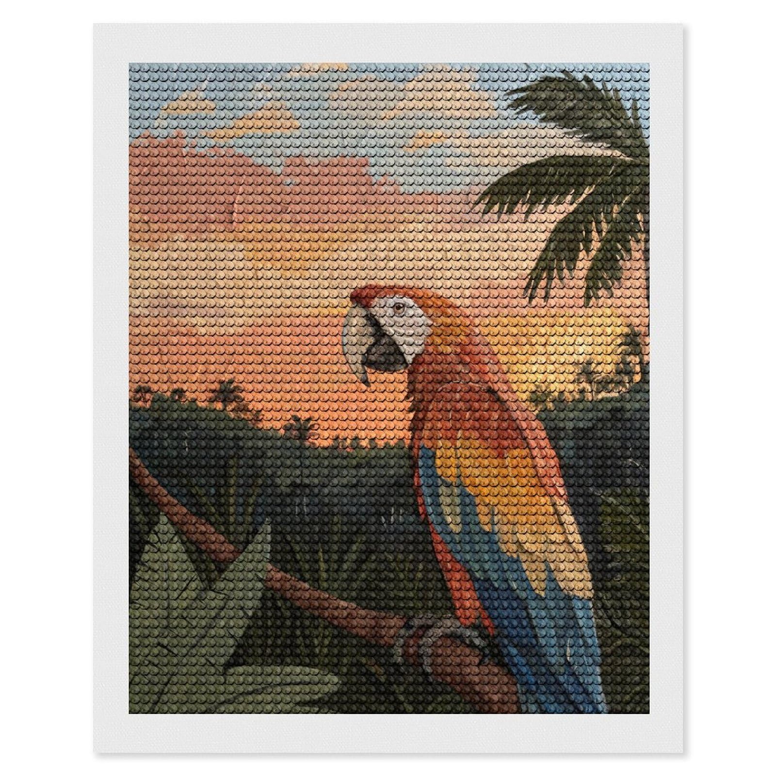 Junmoney Macaw Parrot in Tropical Sunset DIY Diamond Art Canvas Kit 16"x20", Adhesive Canvas, Easy to Enjoy, Farmhouse Decor, Festive Craft Gift