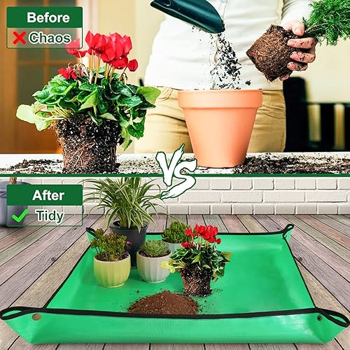 Miniatura 20 de Tapete grande para macetas para trasplante de plantas de casa y control de mezcla de suelo, impermeable, bandeja de trasplante de plantas, Naranja