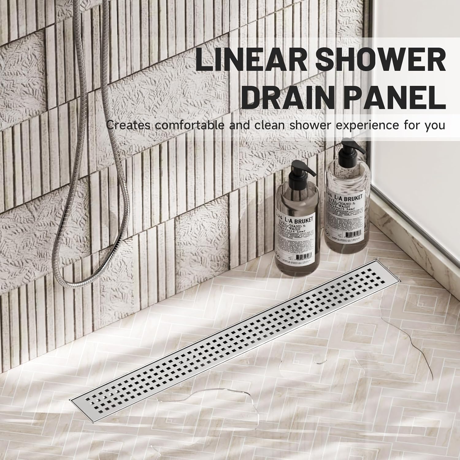 Linear Shower Drain, 24 Inch Linear Drain with Brick Pattern Grate 304 Stainless Steel Shower Drains, Rectangular Shower Floor Drain w/Leveling Feet, Hair Trap for Bathroom and Balcony Brushed Nickel