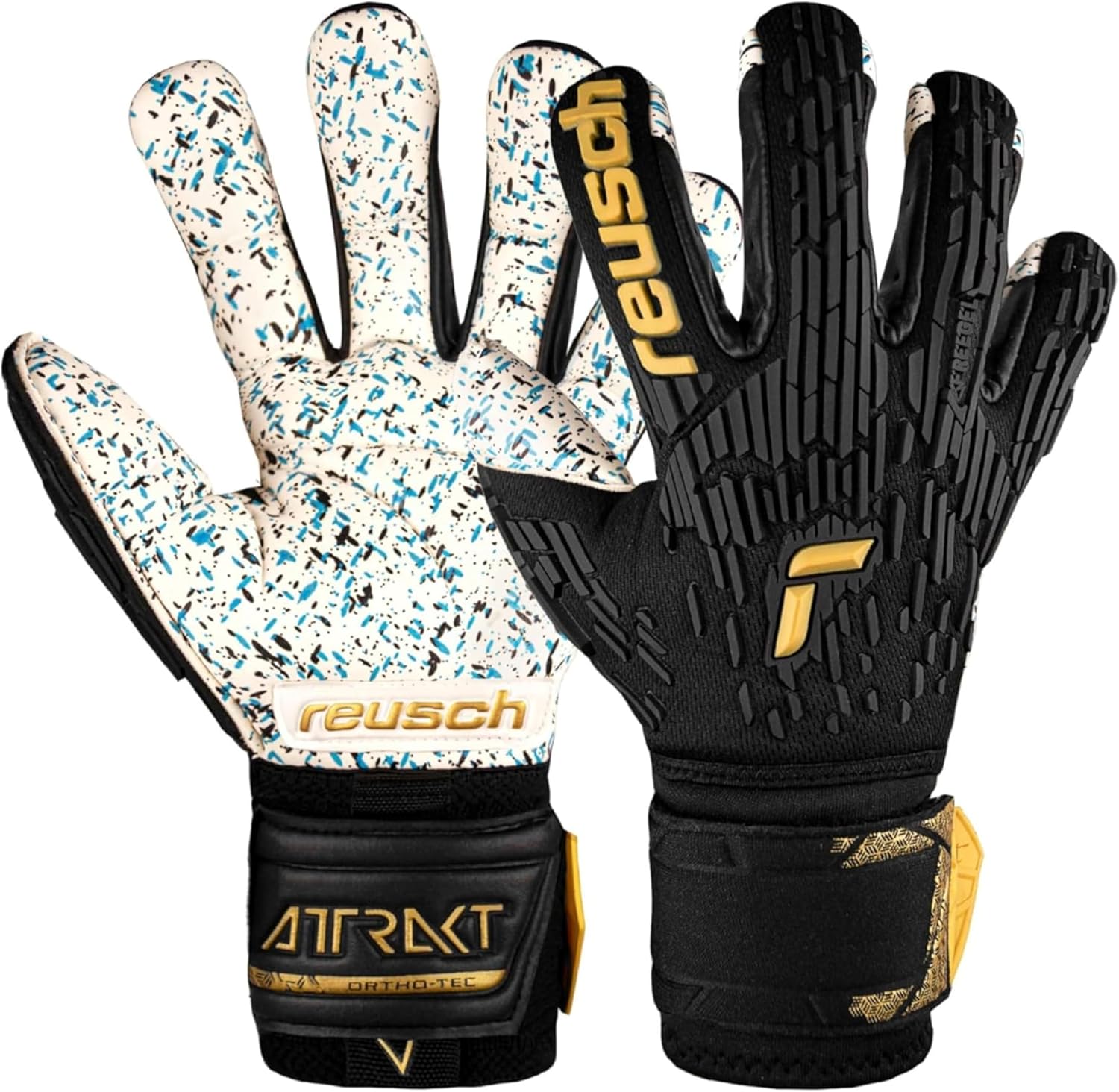 Reusch Attrakt Freegel Fusion Ortho-Tec Goaliator Unisex Goalkeeper Gloves, Soccer Goalie Gloves with Finger Support, Flexible, Breathable, Durable Grip, AirVent System, Adult, Black/Gold