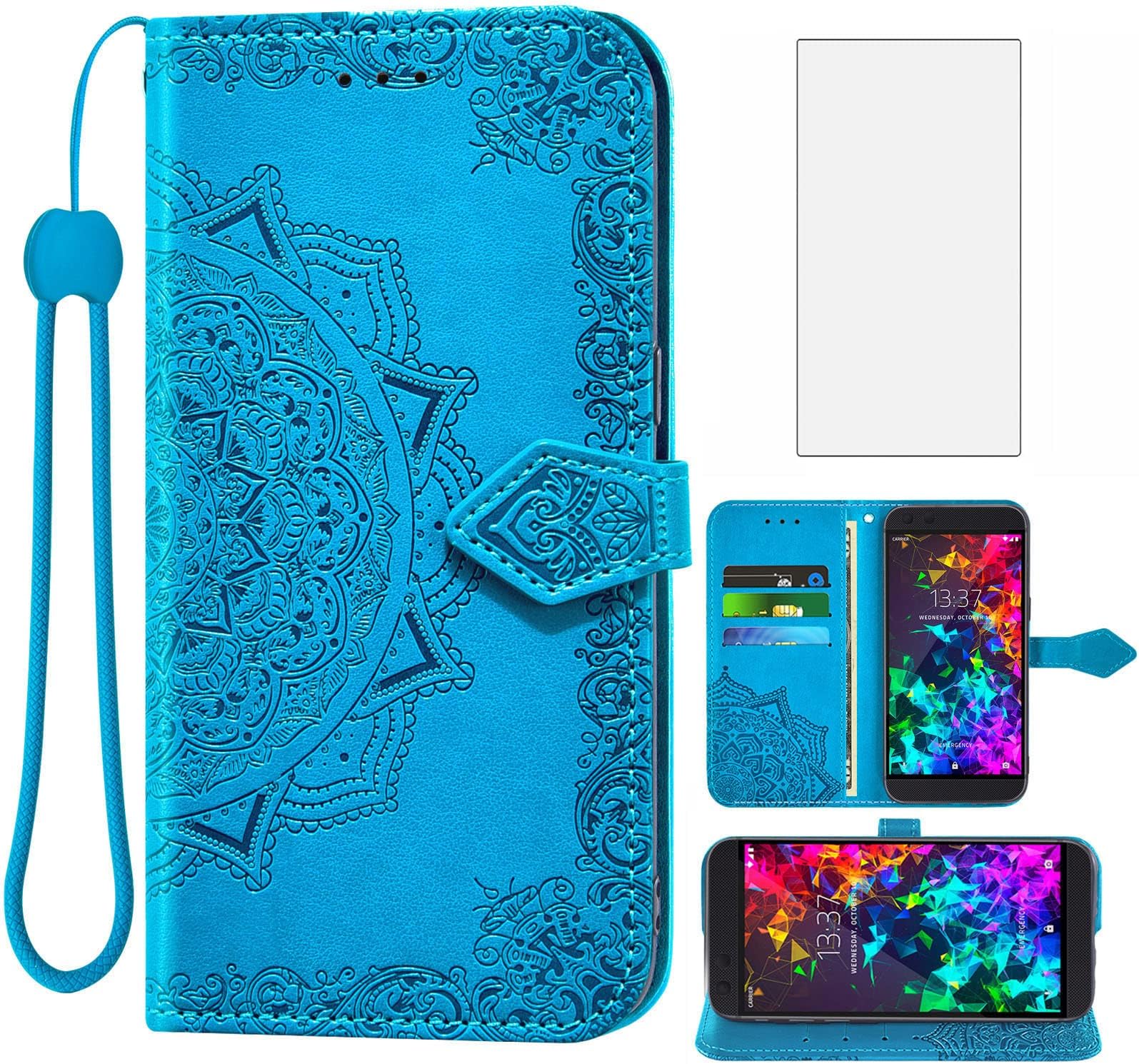 Asuwish Compatible with Razer Phone 2 Wallet Case and Tempered Glass Screen Protector Leather Mandala Flower Flip Cover Credit Card Holder Stand Cell Accessories Phone Cases for RazerPhone2 Women Blue