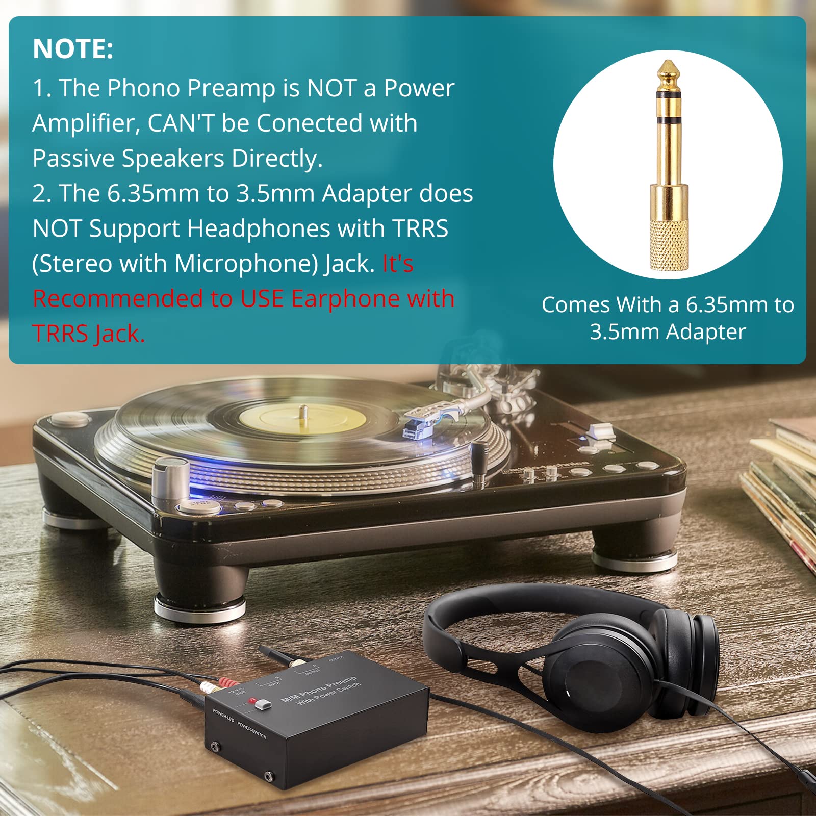 Préampli Phono Mini Préamplificateur Phono M/M avec Adaptateur DC 12V Préamplificateur Stéréo Métal à Faible Sortie pour RCA Entrée & Sortie 1/4" TRS Préamplificateur de Tourne-Disque