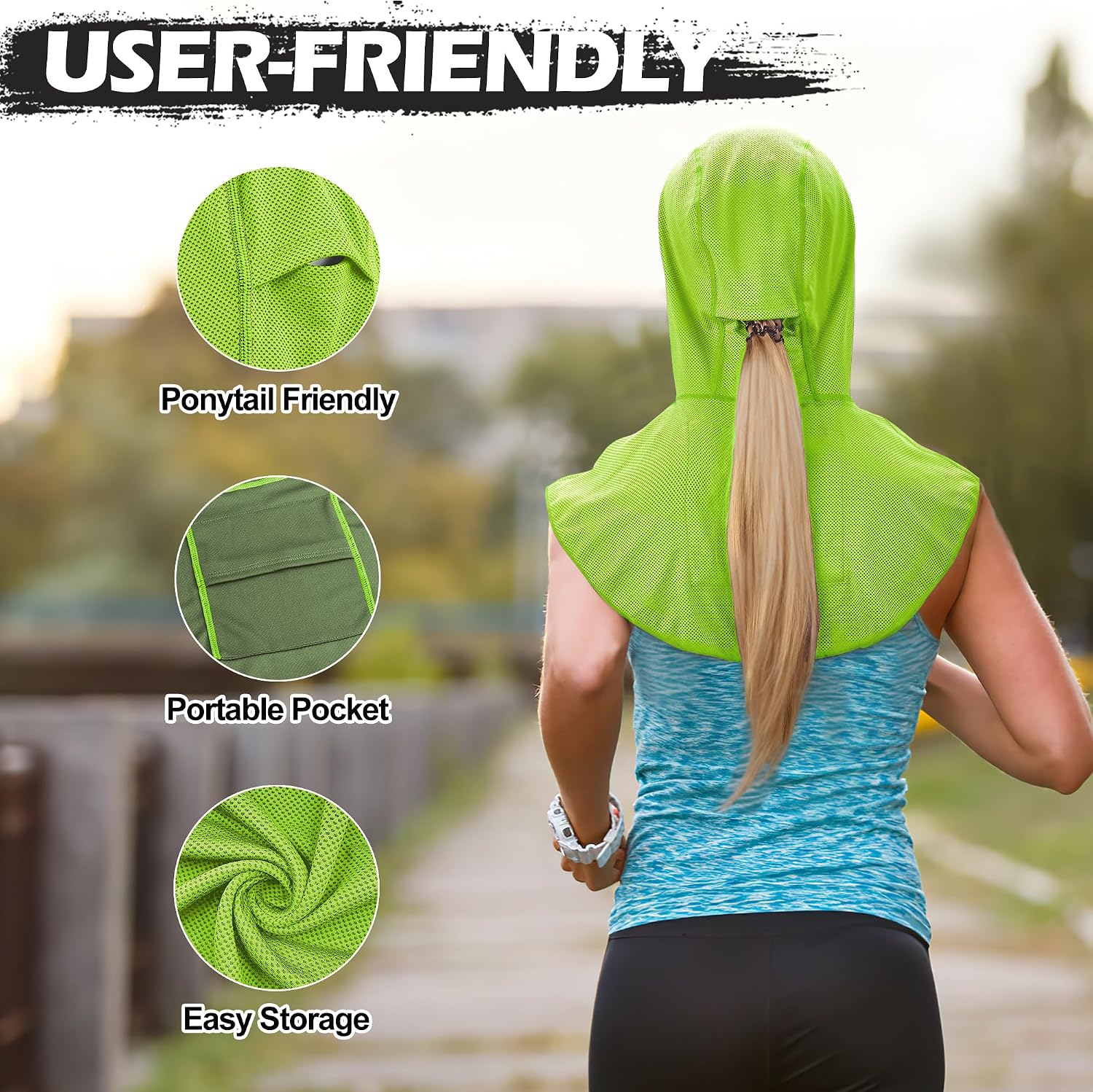 Sukeen Cooling Hoodie Towel, Instant Cooling Towels for Neck and Face, UPF 50 Sun Protection Ponytail Cooling Neck Wraps, Quick Drying Cool Towels for Sports, Gym, Hiking, Camping, Workout, Green