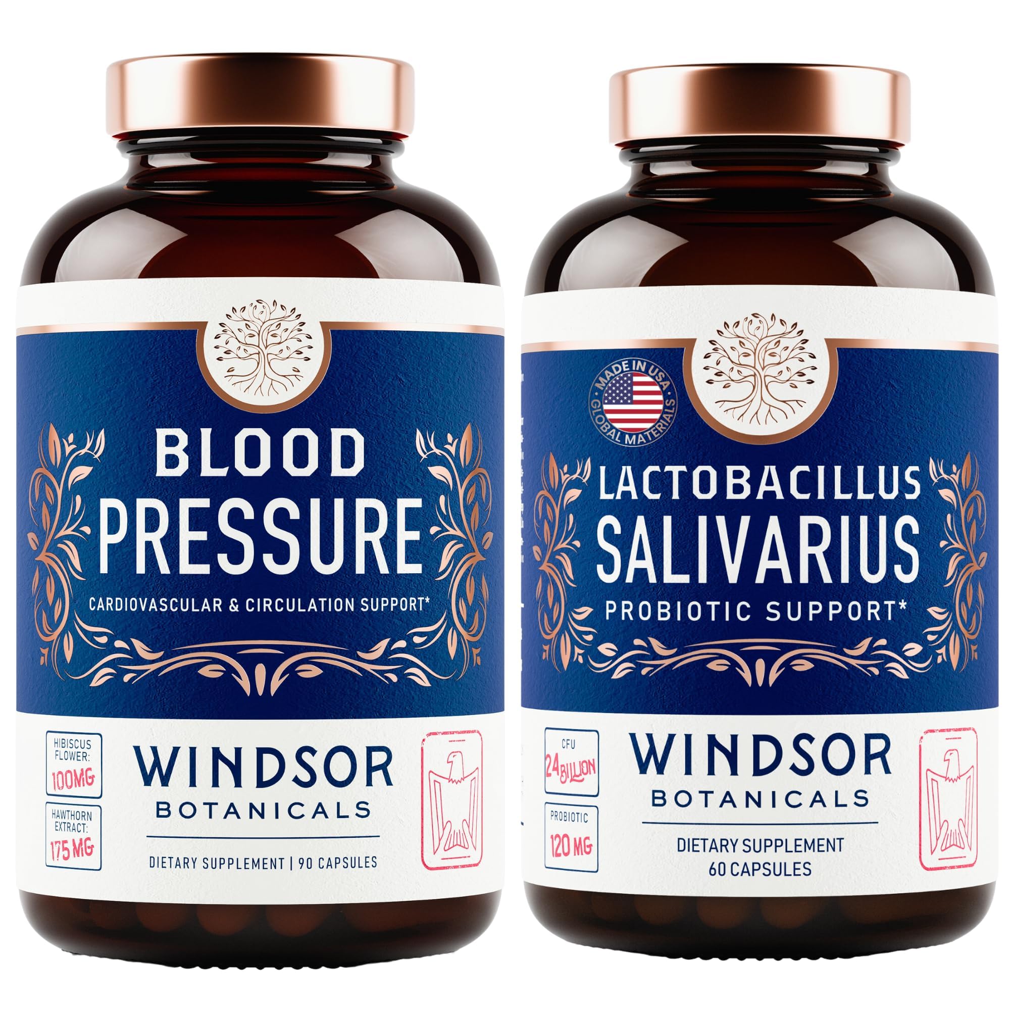 WINDSOR BOTANICALS Blood Pressure Support and Lactobacillus Salivarius Probiotic Immune and Heart Support Bundle