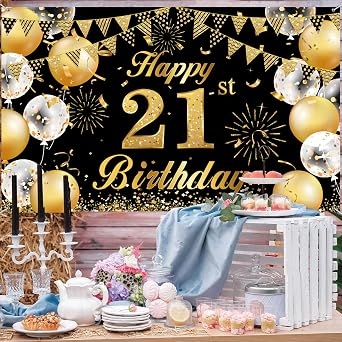 Happy 21th Birthday Banner Party Decorations, Black and Gold Happy Birthday Backdrop 1.1 x 1.8m Photo Backdrop Background for 21 Years Old Party Supplies Men Women