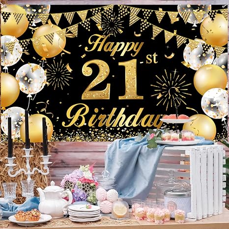 Happy 21th Birthday Banner Party Decorations, Black and Gold Happy Birthday Backdrop 1.1 x 1.8m Photo Backdrop Background for 21 Years Old Party Supplies Men Women
