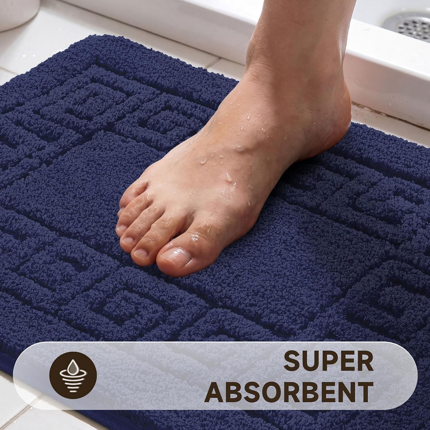 Pauwer Bathroom Rugs Sets 3 Piece Non Slip Washable, Absorbent Microfiber Bath Mats for Bathroom Shower Rug Runner Quick Dry, Plush Super Soft U Shaped Toilet Mats Floor Carpet, Navy