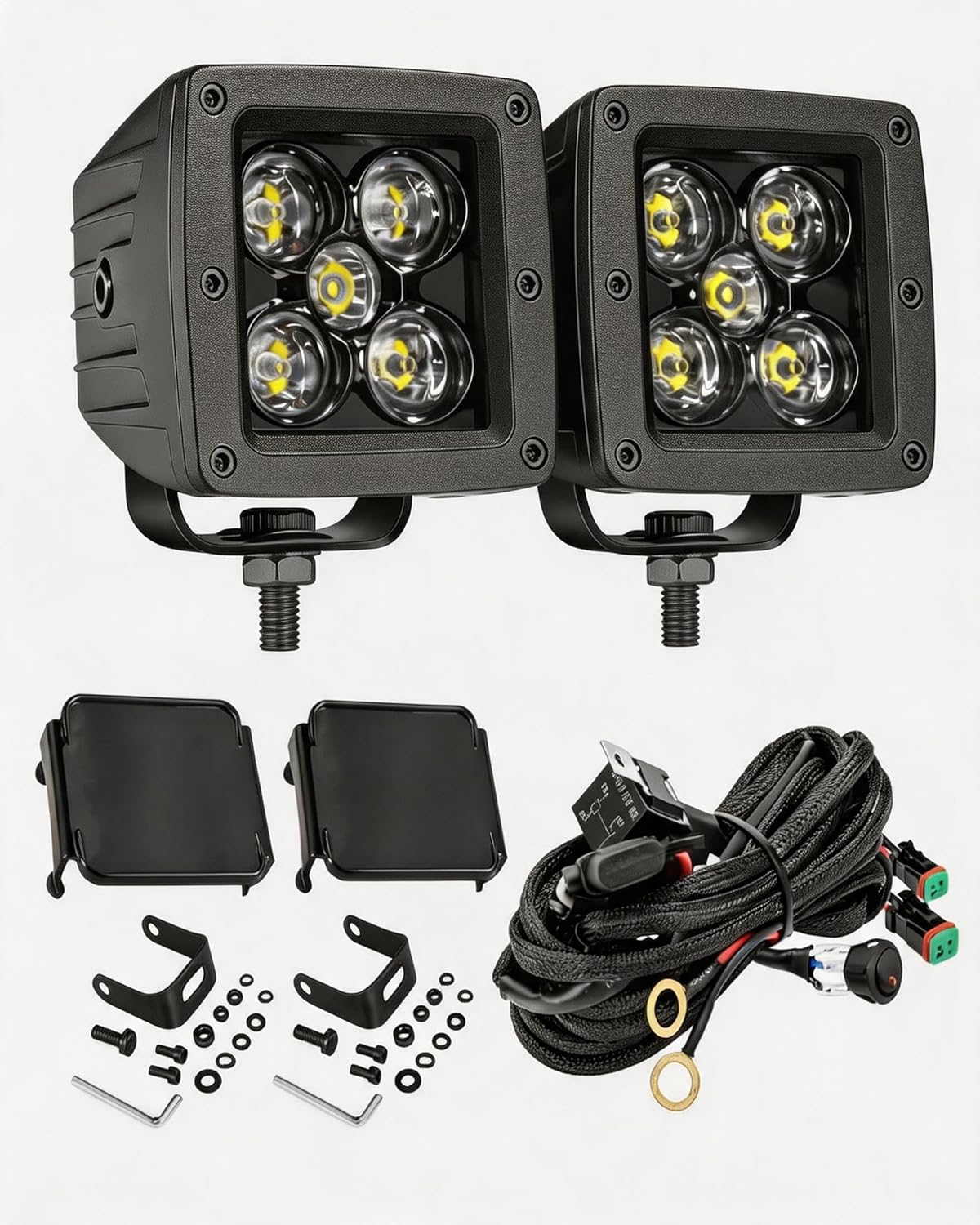 LED Pods 2PCS 3 Inch 100W LED Cubes Spot Beam LED Light bar Off Road Ditch Lights Square Driving Fog Work Lights with Wiring Harness Kit and Black Covers for Trucks Pickup Golf Cart ATV UTV