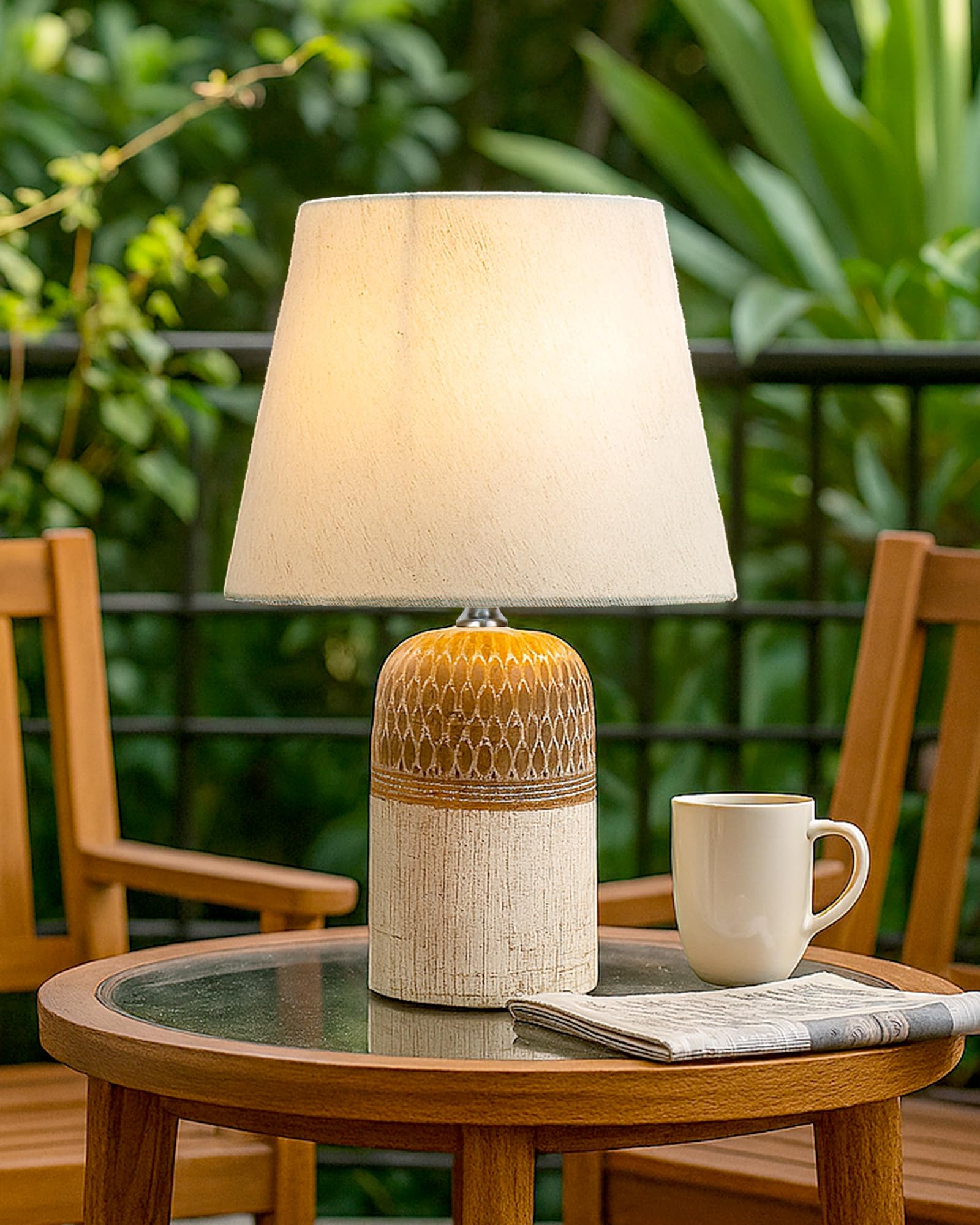 Homesake® Modern Ceramic Table Lamp with Fabric Shade, Minimal Bedside Lamp for Living Room & Bedroom, Brown Carved Honeycomb Pattern, Khadi Taper-image-30