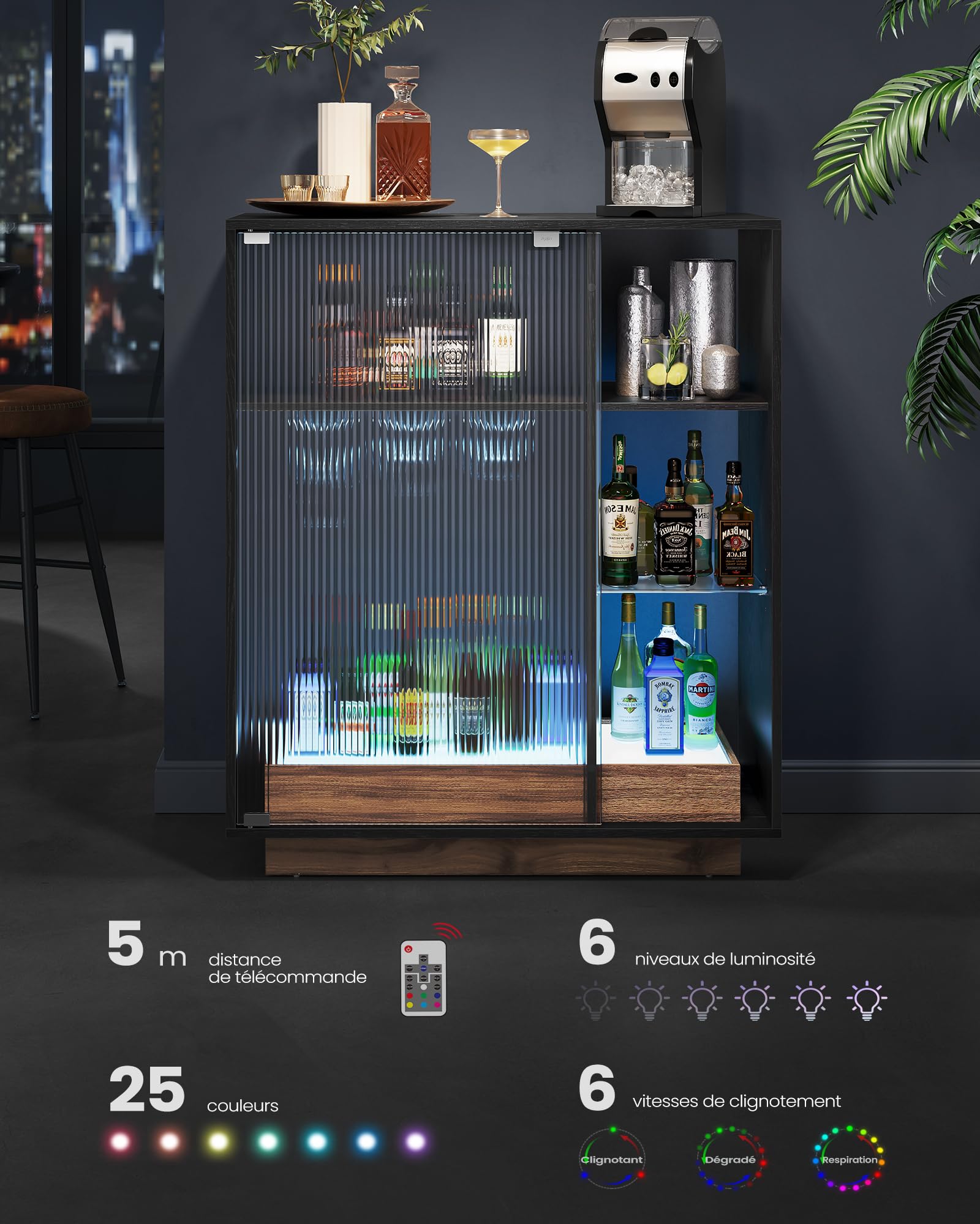 VASAGLE Meuble Bar à Vin avec Éclairage, Buffet avec LED, Rangement pour Vin, Meuble de Bar pour Spiritueux, avec Porte-Verre, Porte en Verre Cannelé, pour Salon, Noir Boisé BBK361B21