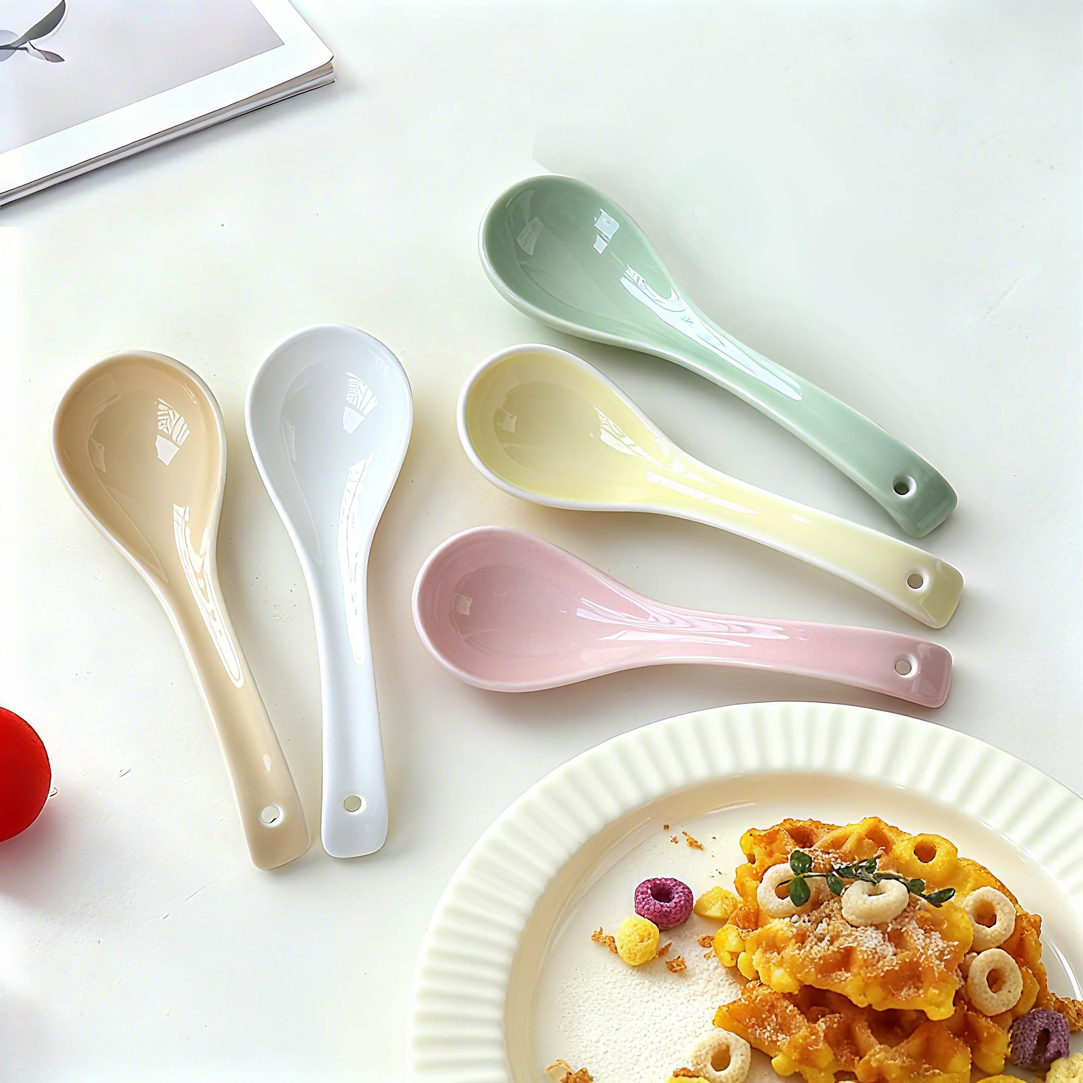 Raelitego 5Pcs Ceramic Asian Soup Spoons, Chinese Japanese Soup Spoons
