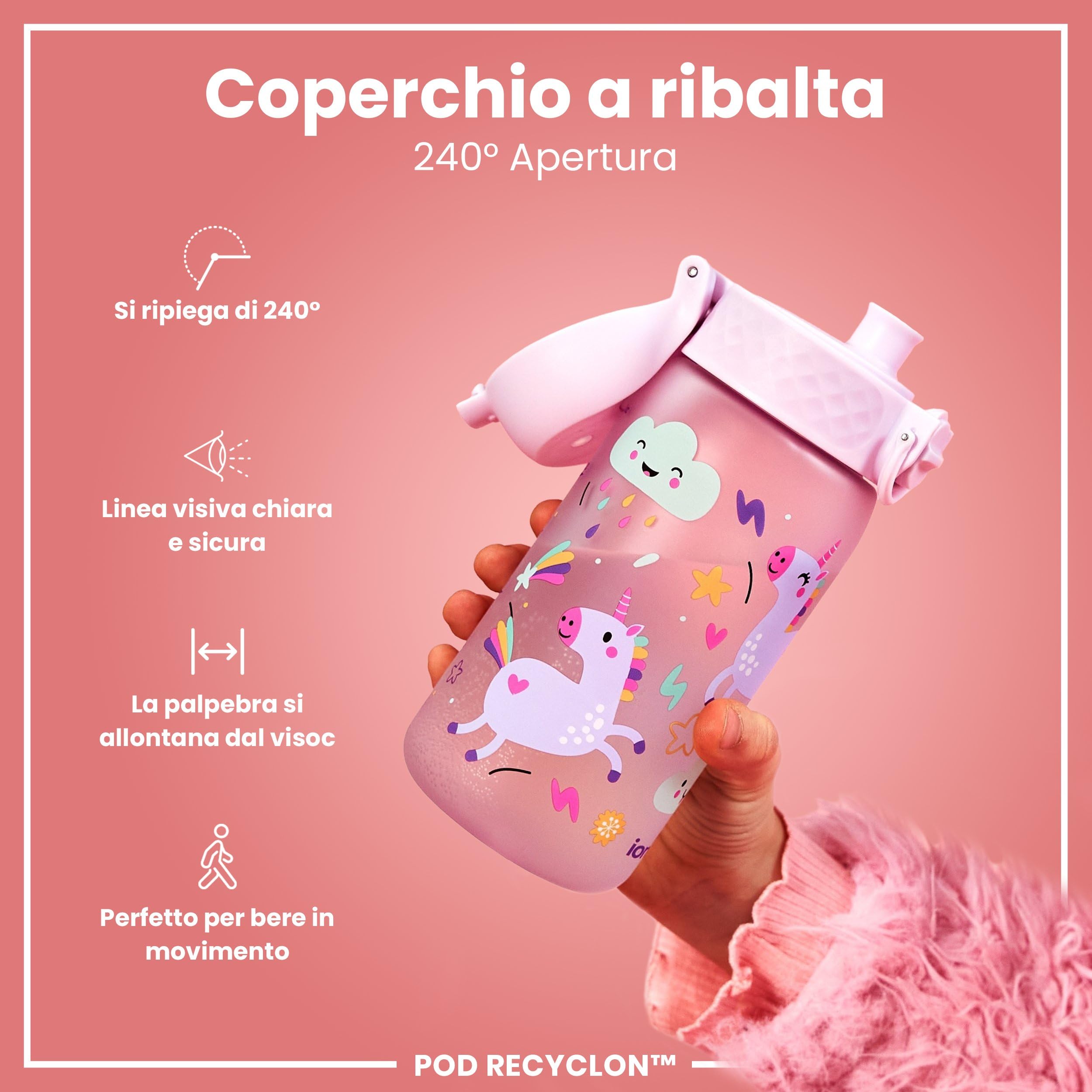 Ion8 Borraccia per Bambini, 350 ml, a Prova di Perdite, Facile da Aprire, Serratura Sicura, Lavabile in Lavastoviglie, Senza BPA, Maniglia per il Trasporto, Facile Pulizia, Unicorni Rosa