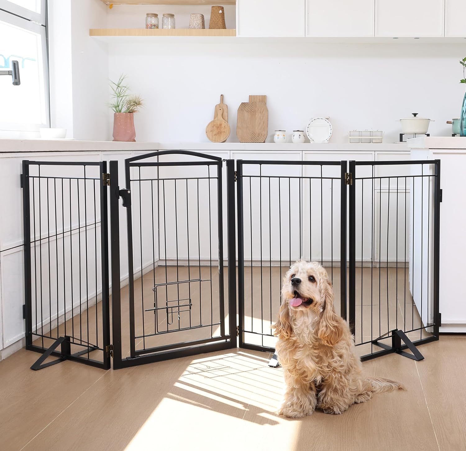 36" Tall Metal Freestanding Dog Gate with Cat Door for Indoor&Outdoor,80" Extra Wide Foldable Pet Gate,Foldable Indoor Dog Fence for Wide Openings Stairs,Deck,Yard,Doorways(4 Panels,Black)