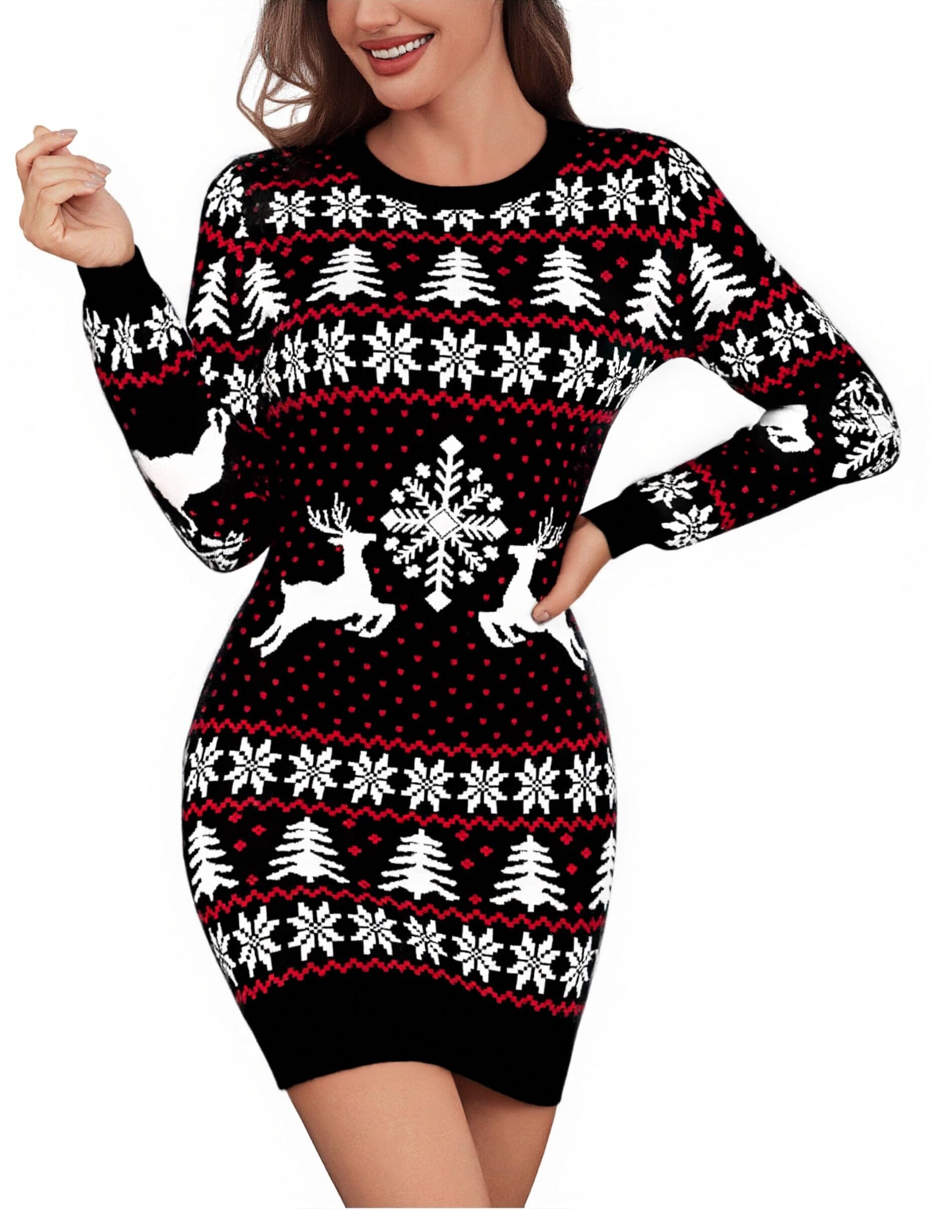 Vestido Navidad Mujer Suéter Largo con Renos y Copos de Nieve Jersey Navideño S-XXL