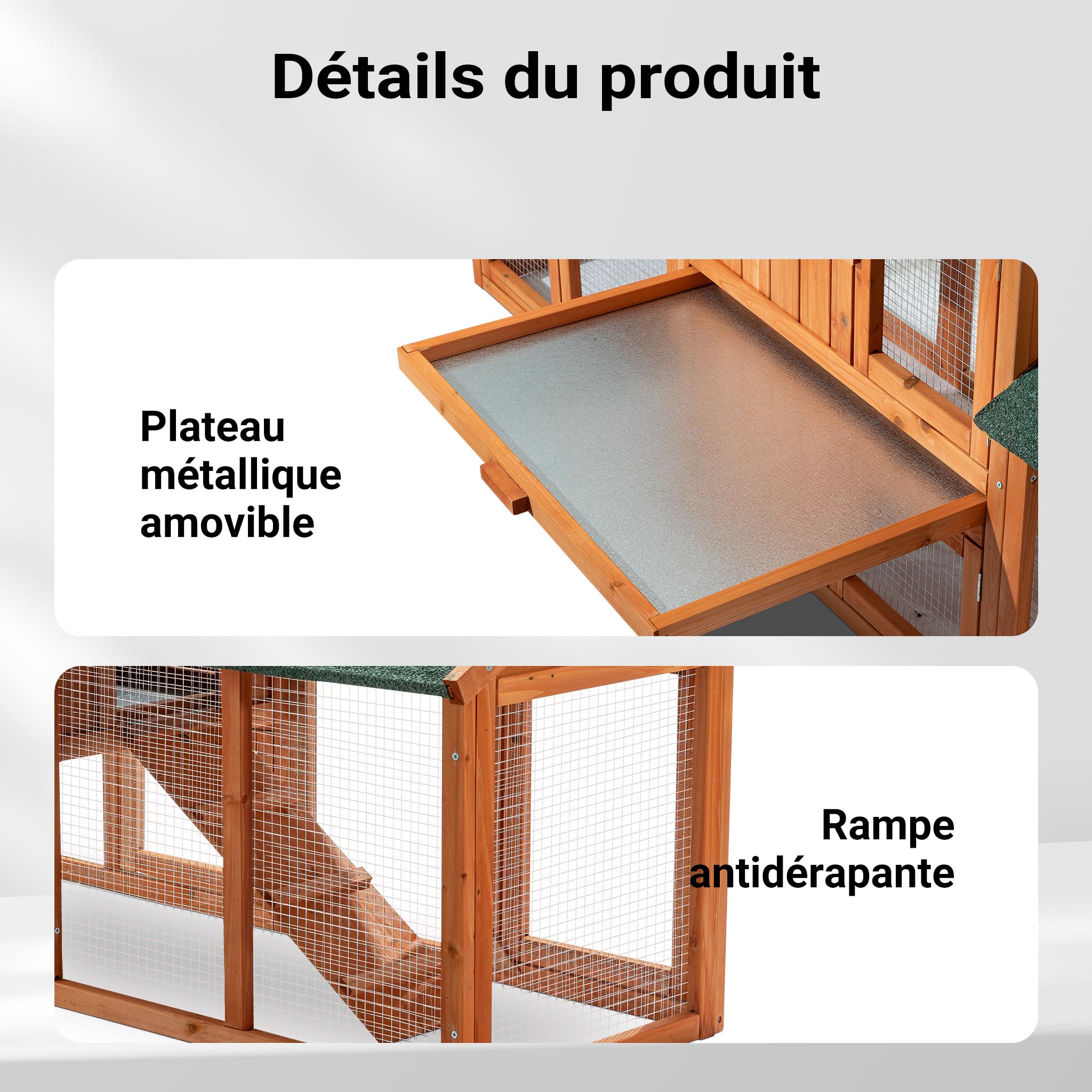 Wiltec Clapier XXL – 2110 x 530 x 835 mm – Toit bitumé – Bois Sapin – avec Rampe, bac Amovible, enclos – Abri soulevé, Cage pour rongeurs Poulailler Lapinière Nichoir Espace Libre