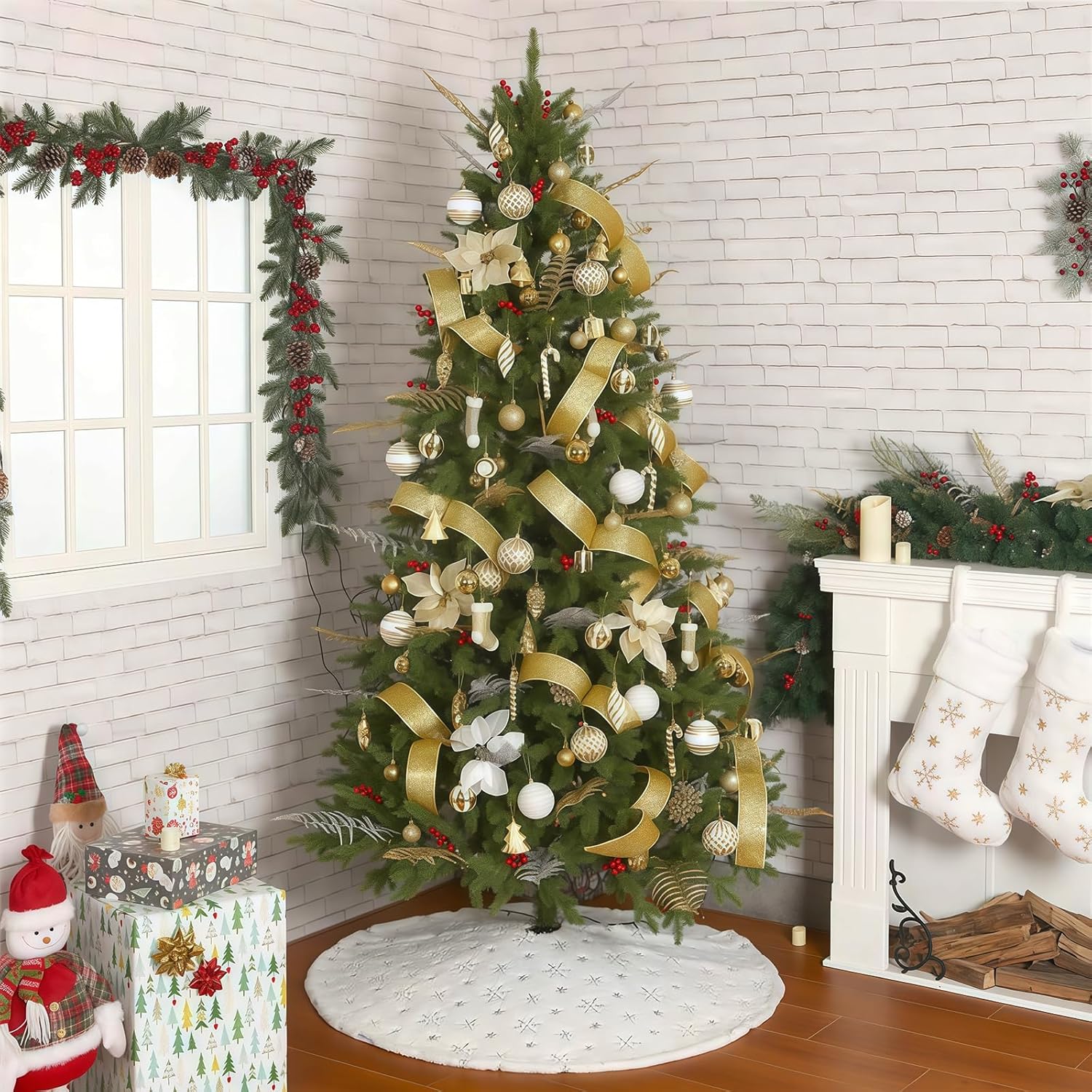 122cm Fur Christmas Tree Skirt with Silver Snowflakes - Fluffy, Dense, and Extra Thick Holiday Decoration for Festive Tree Base