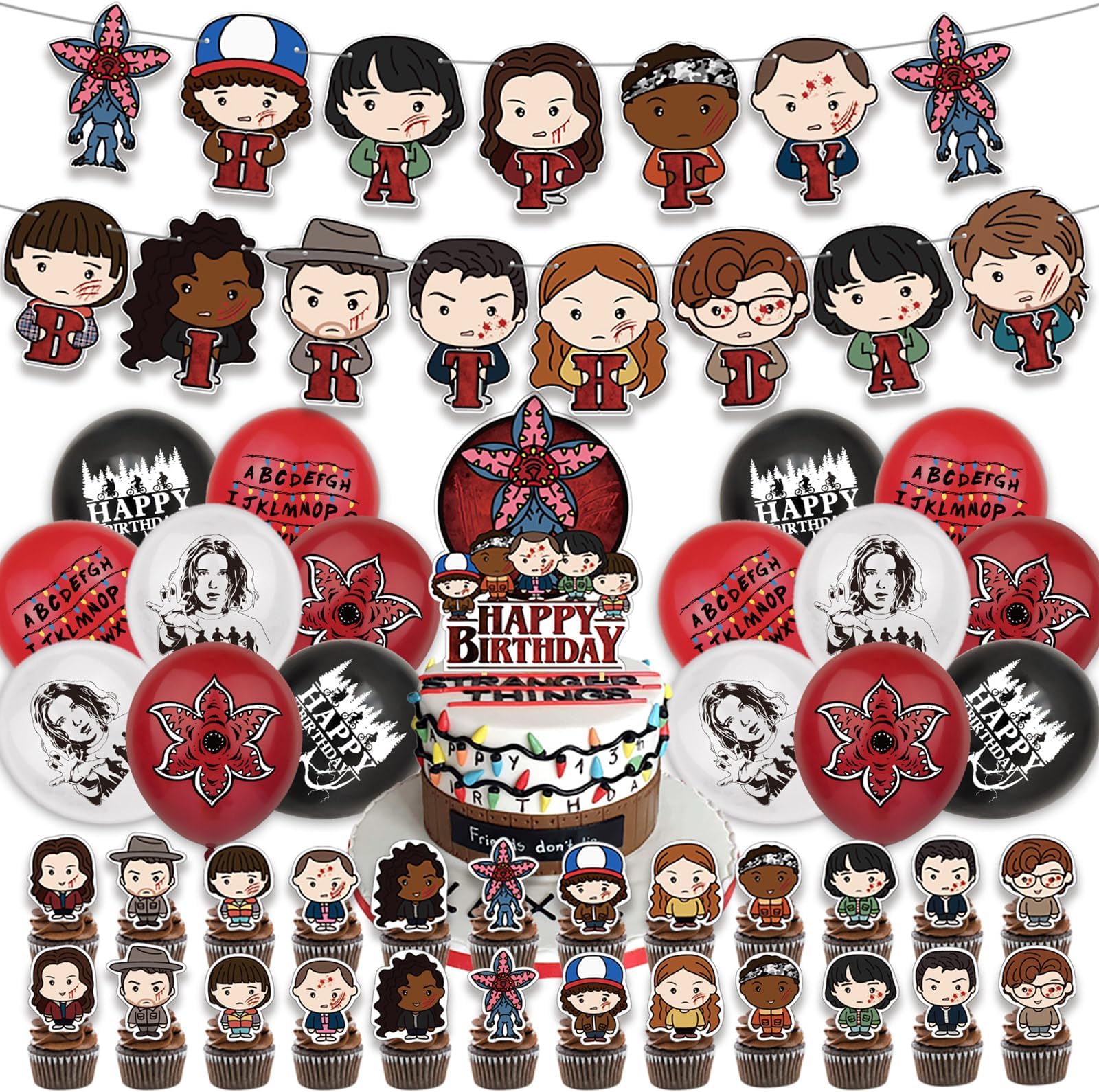 42 Pcs TV Series Theme Happy Birthday Decorations, Cute Cartoon Style Party Decorations, Includes Banners, Balloons, Cake Toppers, and Dessert Toppers