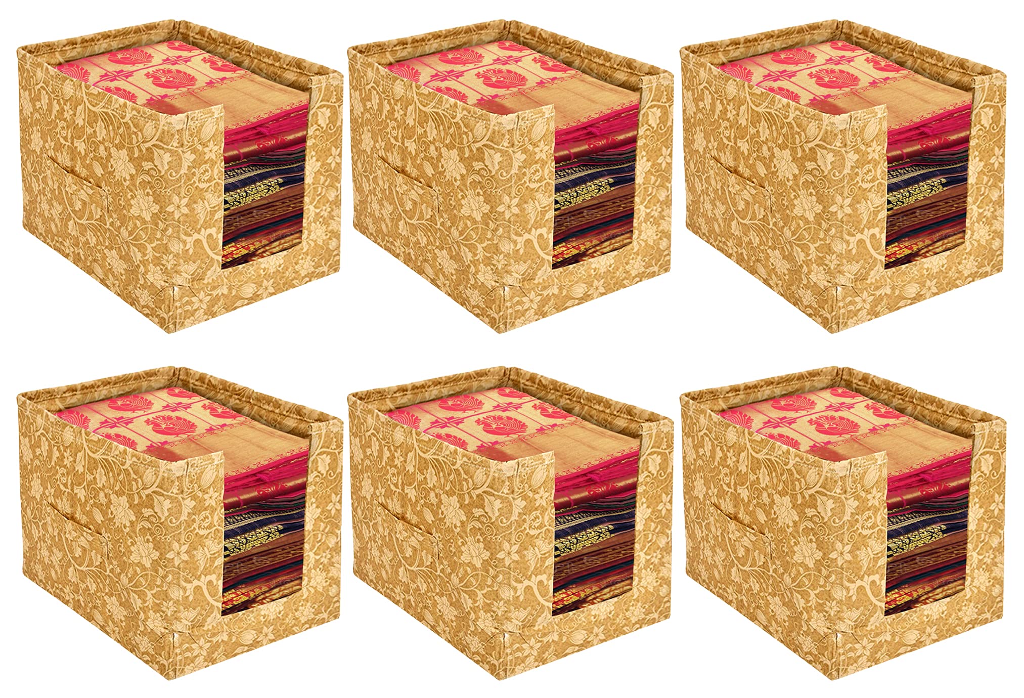 Kuber Industries Metalic Flower Print Foldable Rectangle Cloth Saree Stacker Cloth Wardrobe Organizer- Pack of 6 (Beige)