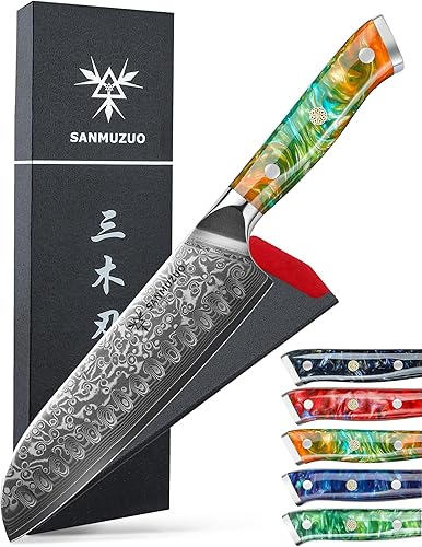 SANMUZUO Santoku Cuchillo - 7 pulgadas - Serie Xuan - Cuchillo de cocina de acero Damasco VG10 - Mango de resina (naranja fantasía) disponible en Yaxa Colombia