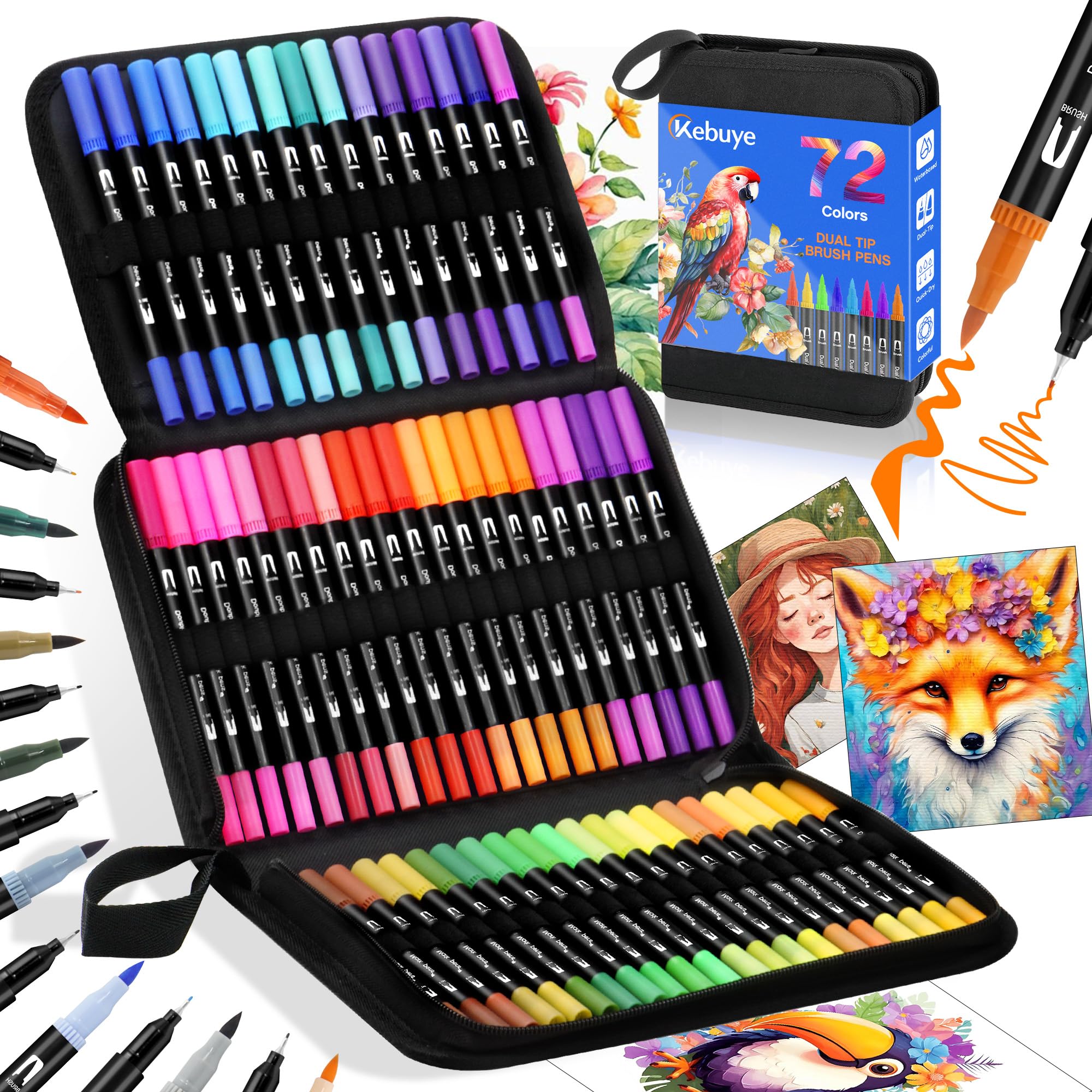 Kebuye Colouring Pens Dual Brush Tip - 72 Coloring Marker Fine & Felt Tips for Adults Begainners Artists Art Supplies for Drawing Coloring Painting Sketching Journaling Coloured Pens for Drawing Book