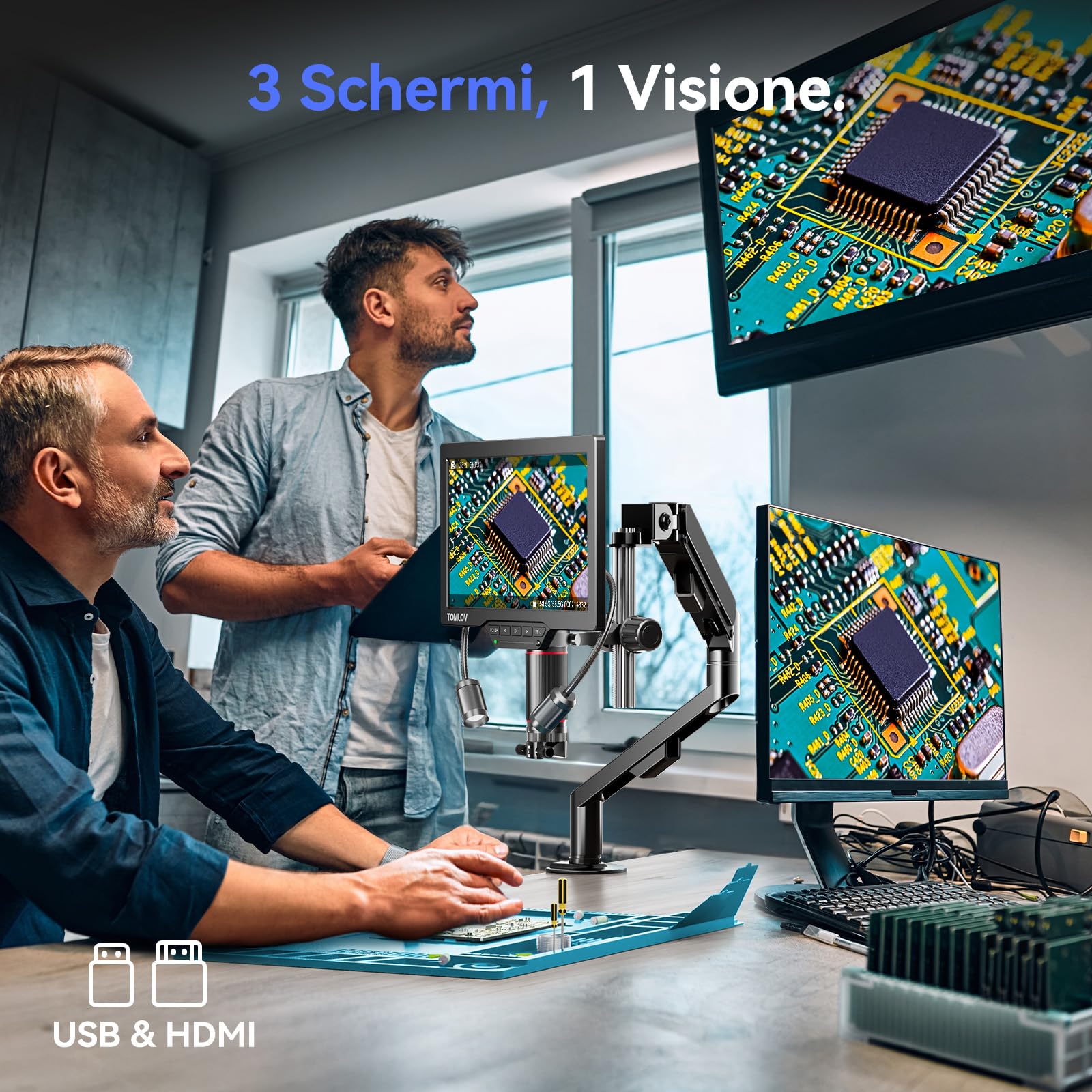 TOMLOV TM3K-3D Max 10,1" Microscopio Digitale IPS con Lenti Duali Magnetiche, Microscopio Saldatura 3D per Adulti, Ingranditore Monete 3K HDMI, LED, Tappetino per Riparazioni, Braccio Flessibile, 64GB