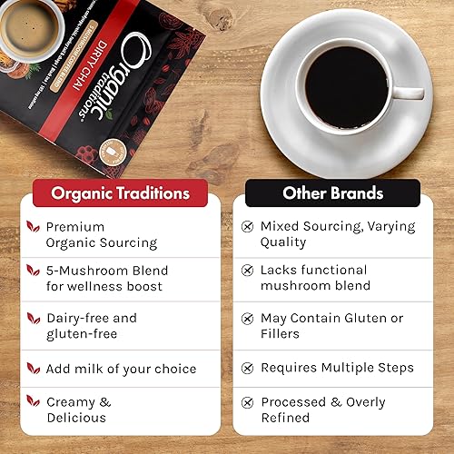 Miniatura 3 de Organic Traditions Mezcla de café de hongos sucios Chai, café instantáneo 100% orgánico de hongos con chaga, cordyceps, reishi, melena de león, cola