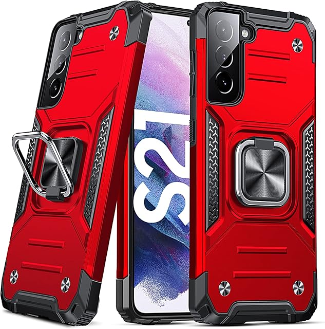 DASFOND Galaxy S21 5G Case, Military Grade Shockproof Protective Phone Case Cover with Enhanced Metal Ring Kickstand [Support Magnet Mount] Compatible with Samsung Galaxy S21, Red
