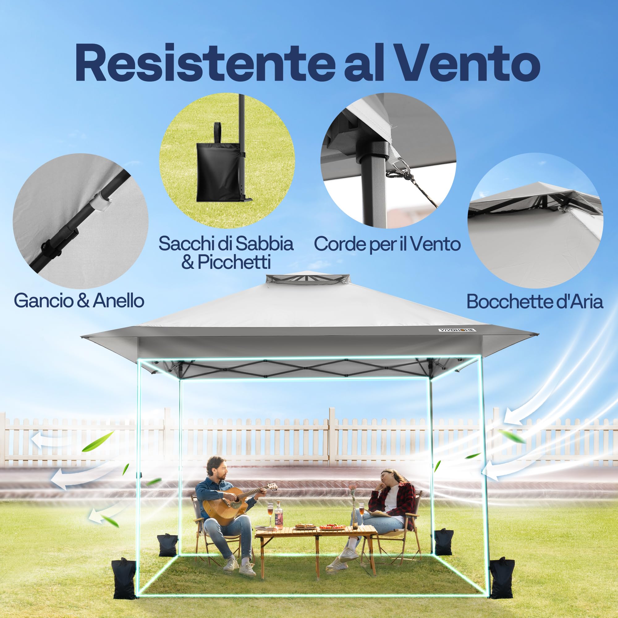 VIVOHOME Baldacchino Pop-up per Esterni, 3,8x3,8m Tetto a 2 Livelli con Borsa da Trasporto a Ruote e 4 Sacchetti di Sabbia Grigio