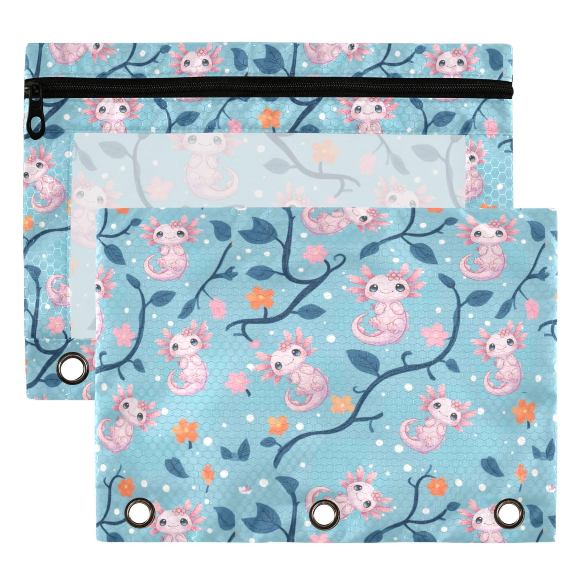 Cute Axolotl Pink Binder Pouches 3 Ring for Boys Girls School Office College Supplies Aqua Plant Leaves Pencil Pouches Case Bag with Clear Window and