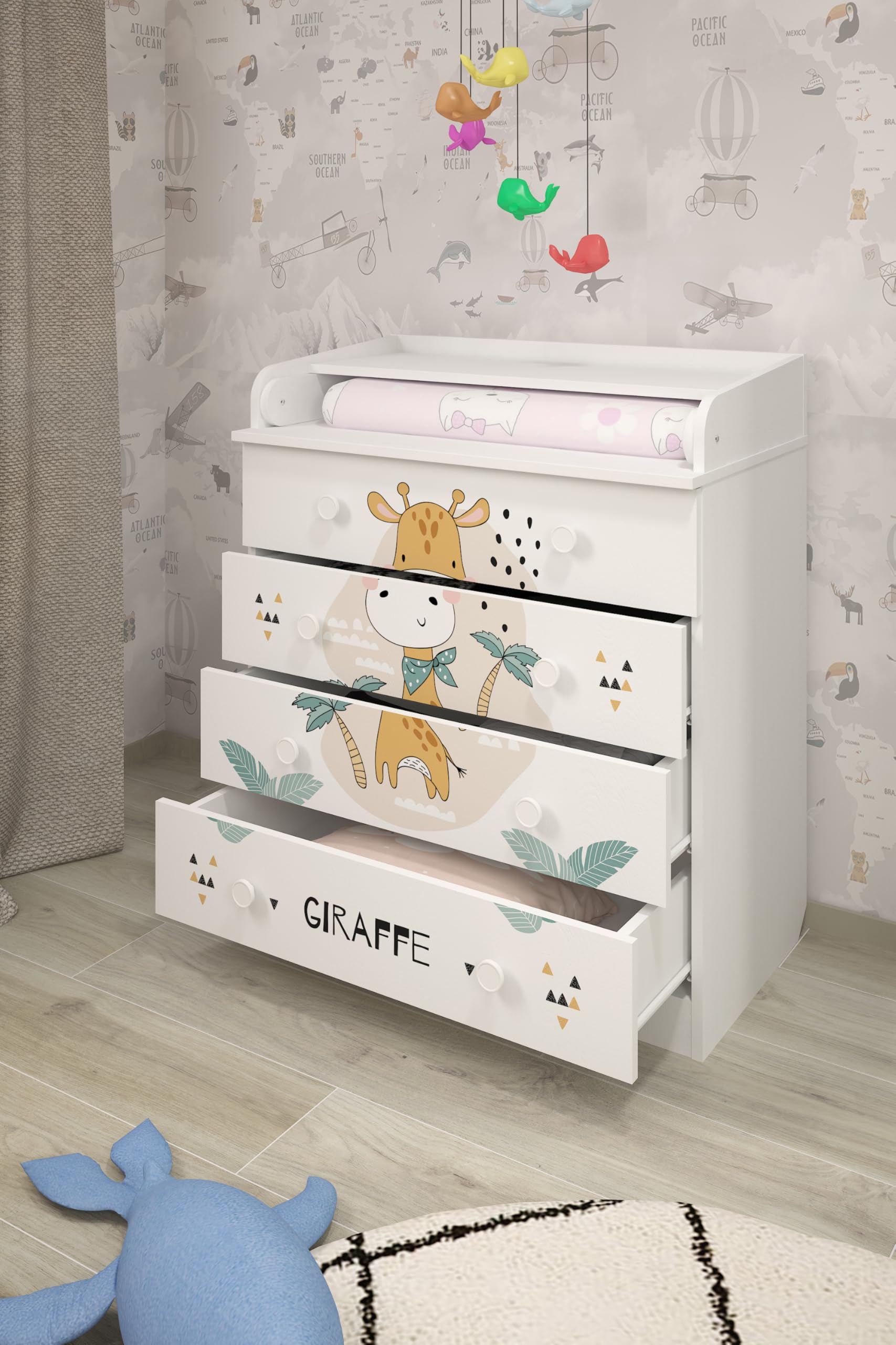 Shefa 800 Kids Baby Changing Table White Giraffe Chest of Drawers with 4 Drawers and Changing Unit