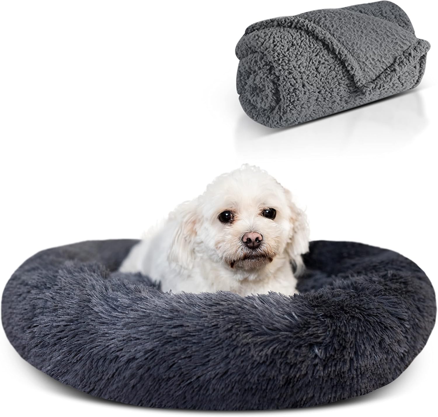 Calming Donut Pet Bed with Blanket - Comfy Anti Anxiety, Fluffy Fuzzy Round - for Dogs and Cats Who Love to Snuggle - Super Durable,…