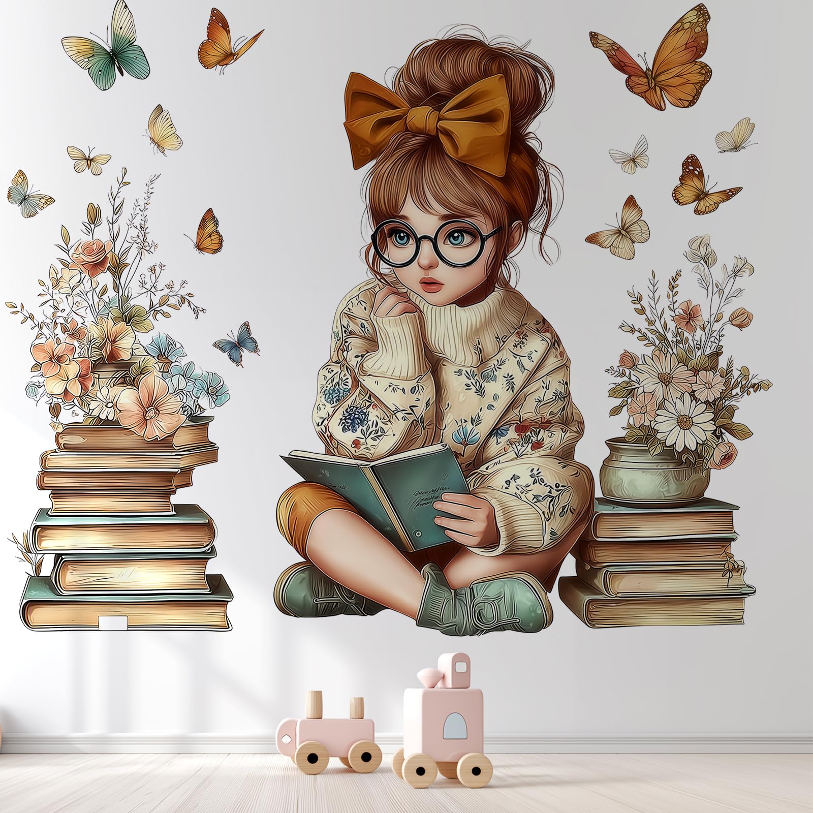 VePret Large Flowers Girl Wall Decals Peel and Stick, Floral Books Butterflies Wall Stickers