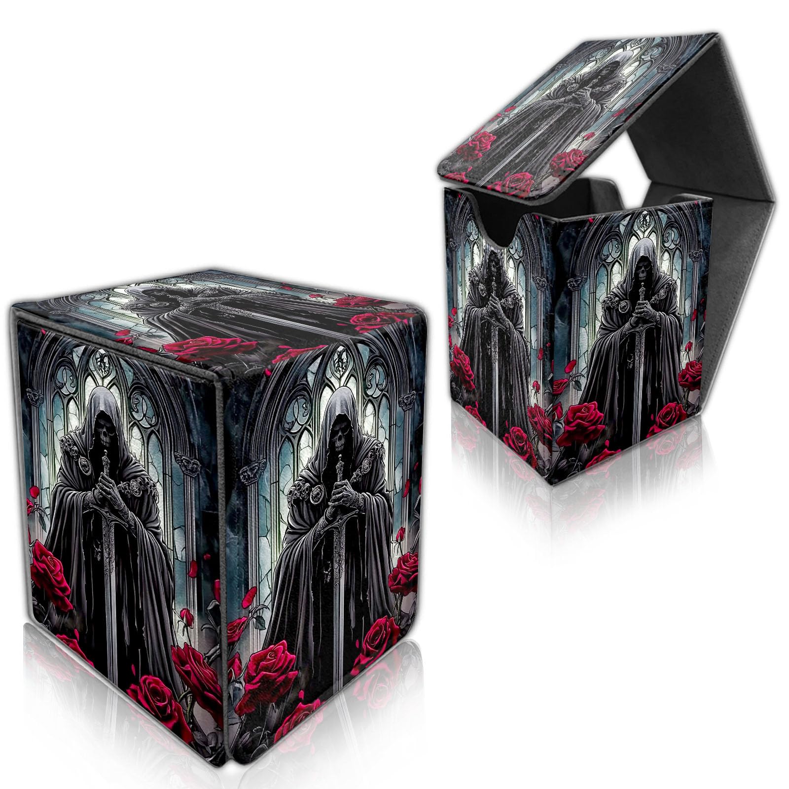 DISUOFEART for MTG Deck Box, Trading Card Storage Case Holds 100+ Sleeved Cards, Skeleton in Cloak Sword Roses Magnetic Closure Durable Deck Holder for Magic The Gathering, TCG & Commander