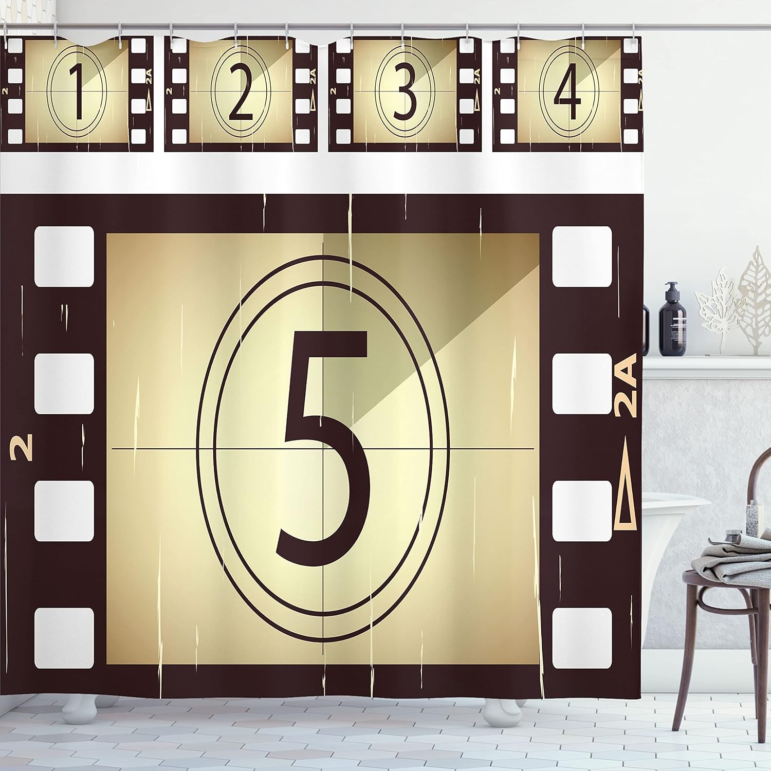 Ambesonne Movie Theater Shower Curtain, Scratched Film Strips Vintage Movie Frame Pattern Grunge Illustration, Cloth Fabric Bathroom Decor Set with Hooks, 69" W x 70" L, Beige Brown White